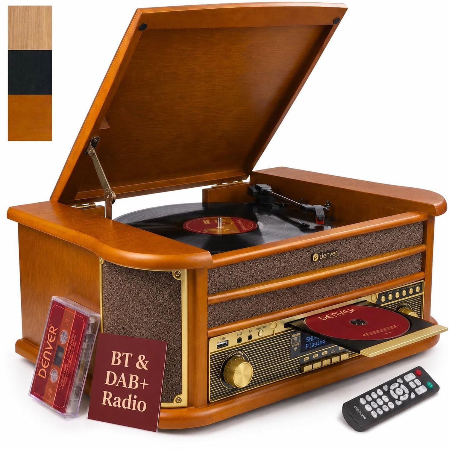 Denver 10-in-1 Retro Vintage DAB Bluetooth Wooden Radio Record Player With Speakers – DAB+ Radio, FM, Record Player, Cassette & CD Player, AUX IN, MP3 USB Recording, AUX IN And Line Out - MRD-51BT