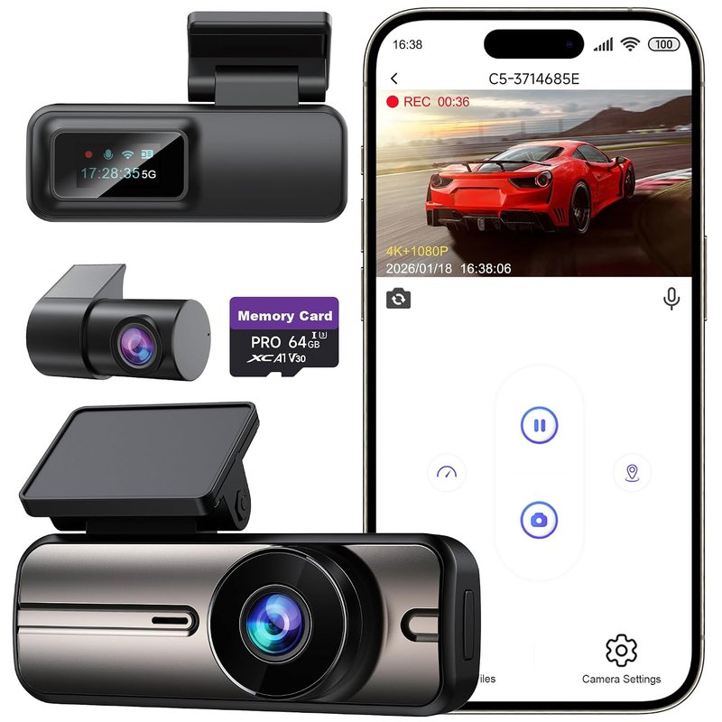 Dash Cam Front and Rear 4K+1080P, 5GHz WiFi, Dual Dashcam with 64GB Card, App Control, G-Sensor Emergency Recording, Loop Recording, 24H Parking Mode Supports, Dash Camera for Cars
