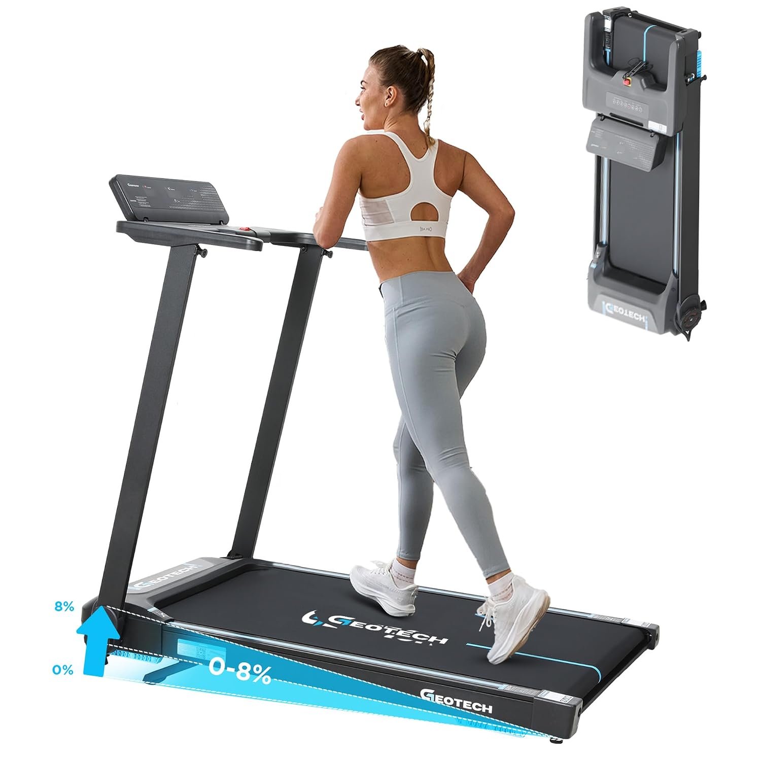 GEOTECH Foldable Treadmill for Home with 8% Incline, 3.5HP, 1–12 km/h, Running Machine for Heavy People, 180KG Weight Capacity, Portable Compact Treadmill with Handlebar, Large Running Belt