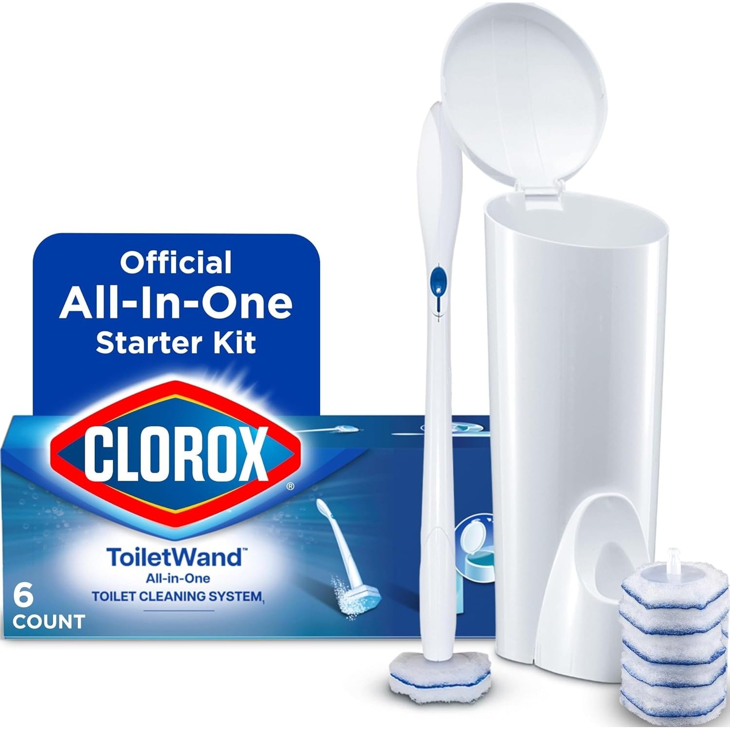 Clorox 03191 ToiletWand Disposable Toilet Cleaning System with 6 Disinfecting ToiletWand Refill Heads, White/Blue, Pack of 8
