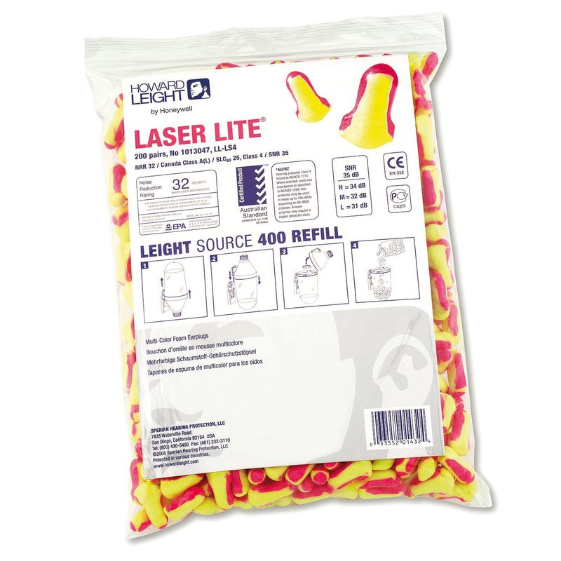 Howard Leight Laser-Lite Single-Use Earplugs Refill Pack, Polyurethane Foam, SNR 35 dB, Yellow and Magenta, One Size, T-Shaped, Uncorded, 1013047 (Refill Zip Top Bag of 200 Pairs)