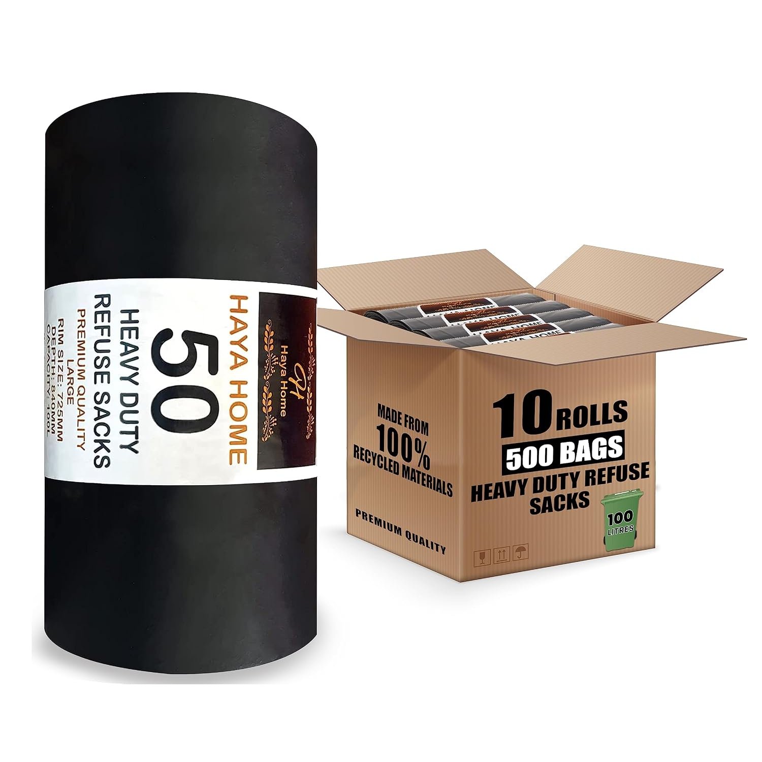 Haya Home 500 75L Black Plastic Bin Bags Heavy Duty Bin Liners, Refuse Sacks Pack of 50 x 10 Heavy Duty Waste Dustbin Bags roll for Kitchen Home Office DIY Garden Made from 100% Recycled Material