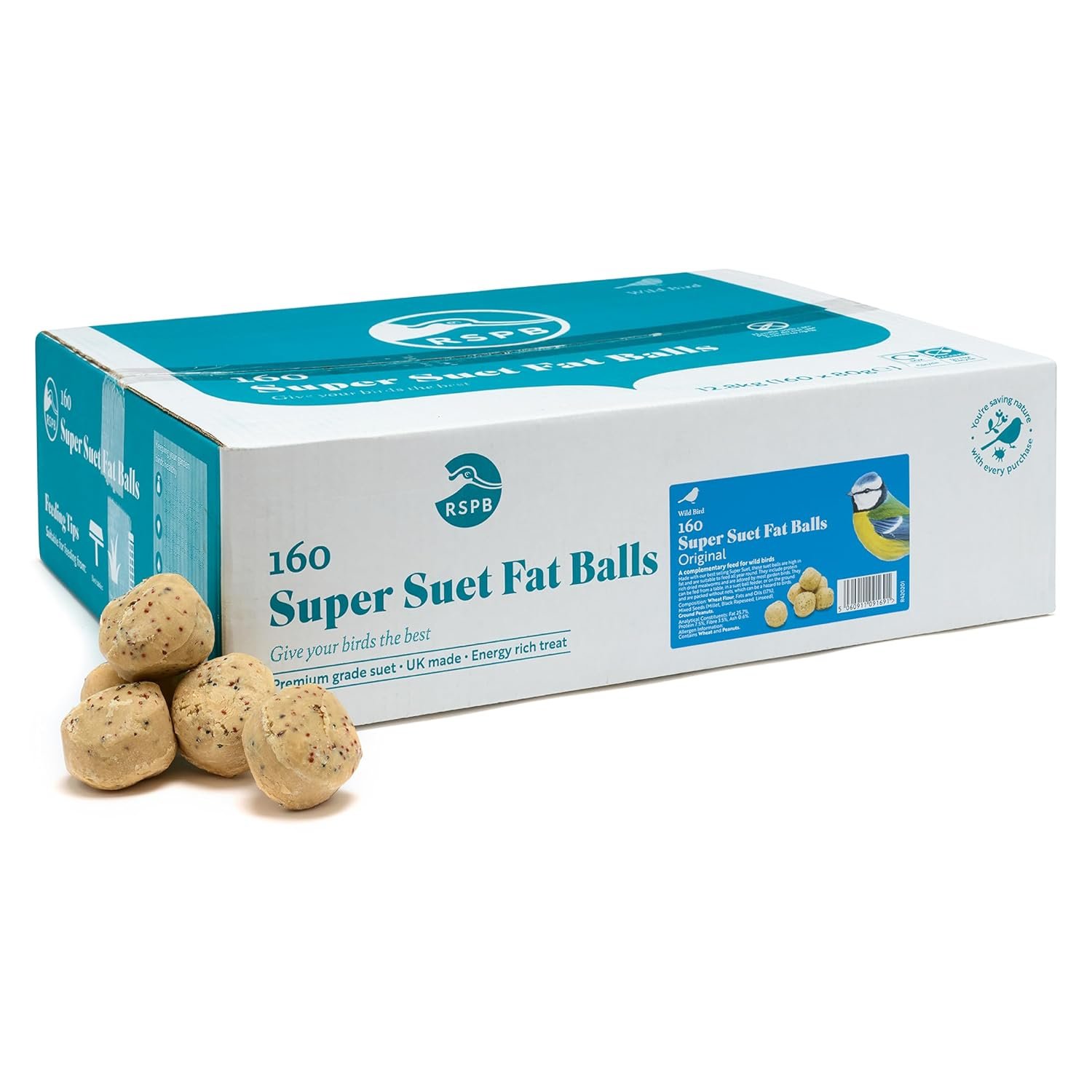 RSPB - Fat Balls, Bird Food for Outside Birds, High Energy Suet Balls, Made in the UK, Delicious and Nutritious, Suitable for Year-Round Feeding (Box of 160)