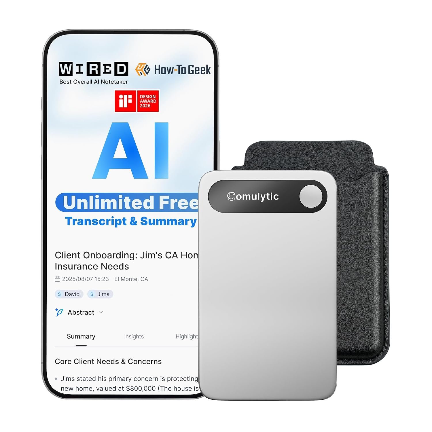 Comulytic Note Pro AI Voice Recorder, Unlimited Transcribe & Summarize, One Tap Recording Device with AI Note Taking, Support 113 Languages, 64GB, Audio Recorder for Calls, Meetings, Lectures, Silver