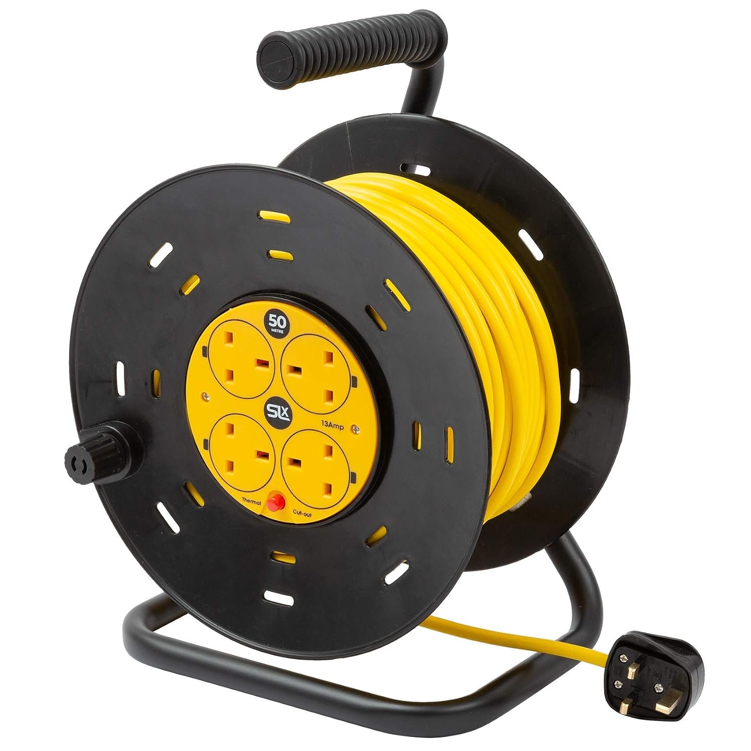 SLx Outdoor Extension Lead, 50m, 4 Socket Extension Reel, Heavy Duty Extension Cable, Thermal Cut Out, Extension Lead for Garden lawn mower Office, 13A Fused UK Plug