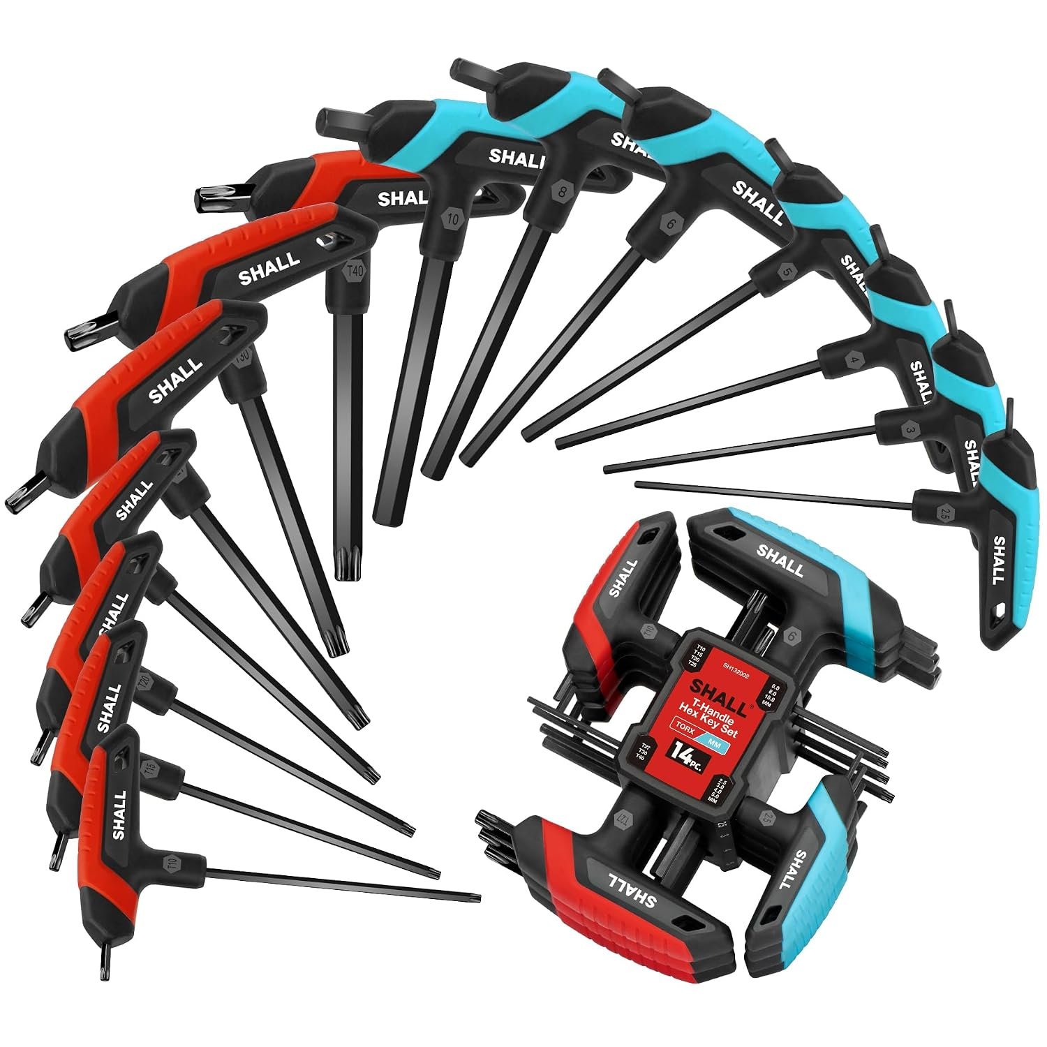 Shall 14-Piece T-Handle Hex Key Set, 7-Piece Metric and 7-Piece Torx, Portable Hex Key Set with Storage Rack for Car and Bike Repair, DIY, Home Repair and Mechanical Maintenance