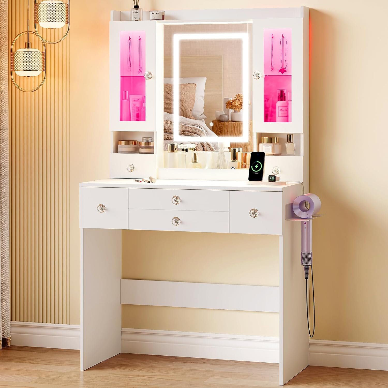 Dripex Dressing Table with Large LED Mirror and Lights, Vanity Table with Adjustable LED Lighting, Power Outlet and Hair Dryer Holder, Makeup Desk with 2 Display Cabinets, 5 Drawers and 4 Open Shelves