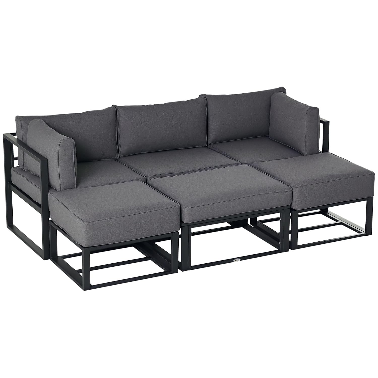 Outsunny Garden Daybed, 6 Piece Outdoor Sectional Sofa Set, Aluminium Patio Conversation Furniture Set with Coffee Table, Footstool and Cushions, Grey