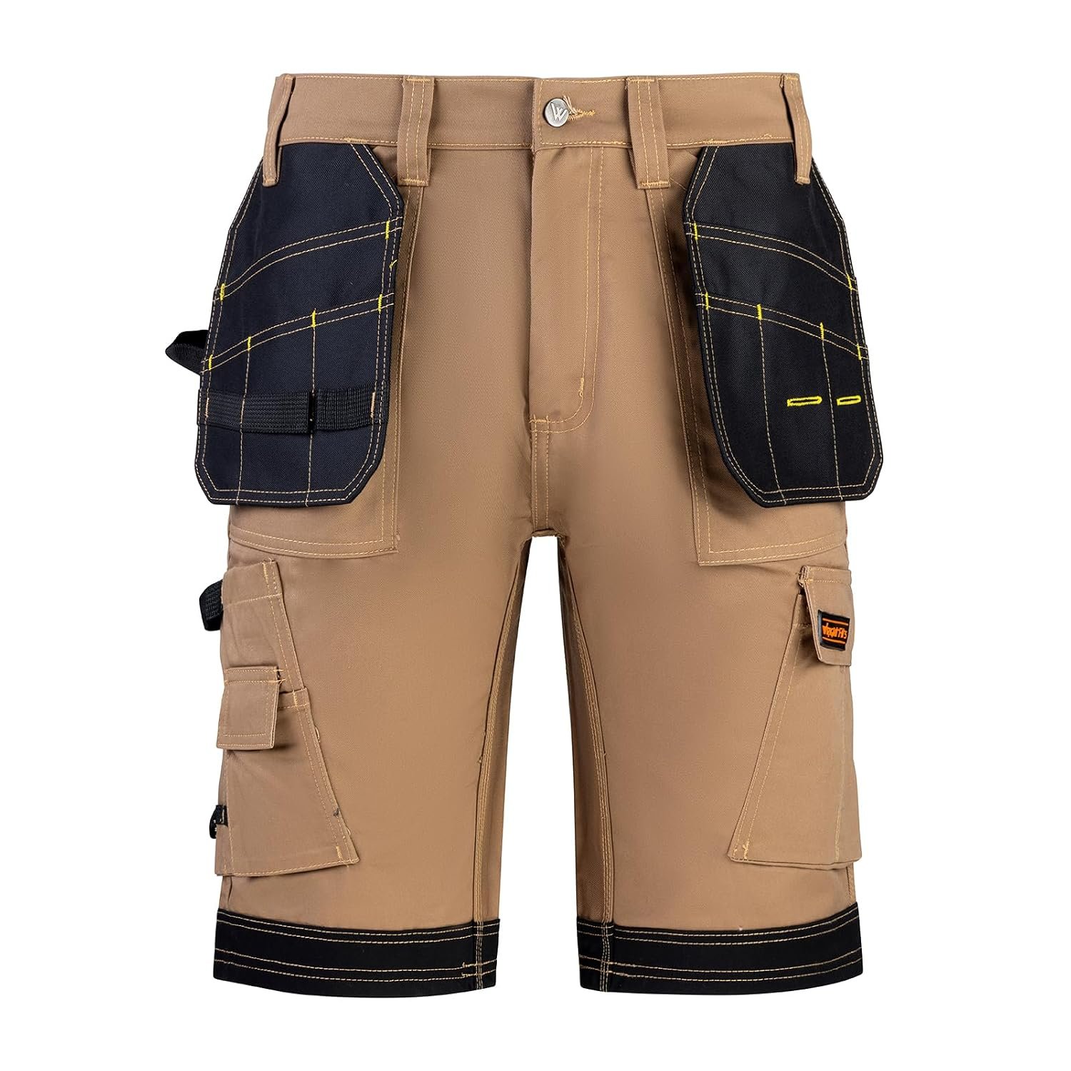 WrightFits Men Pro Builder Work Shorts - Khaki - Heavy Duty Safety Combat Cargo Summer Shorts – Multi Holster Pockets - Triple Stitched Durable Workwear (34W)