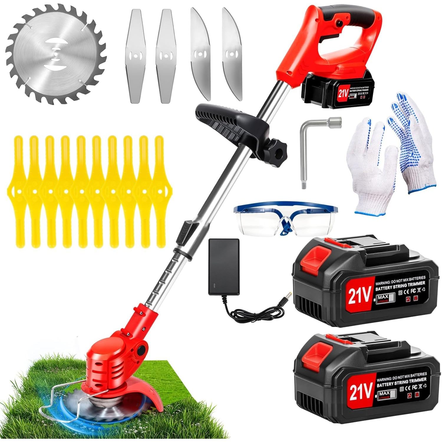 Cordless Strimmer, Telescopic Lightweight Grass Trimmer with 2 X 21V Lithium Battery, Metal Blade Strimmer with 3 Types of Blades, 90° Head Rotation, Retractable, Suitable for Garden Lawn
