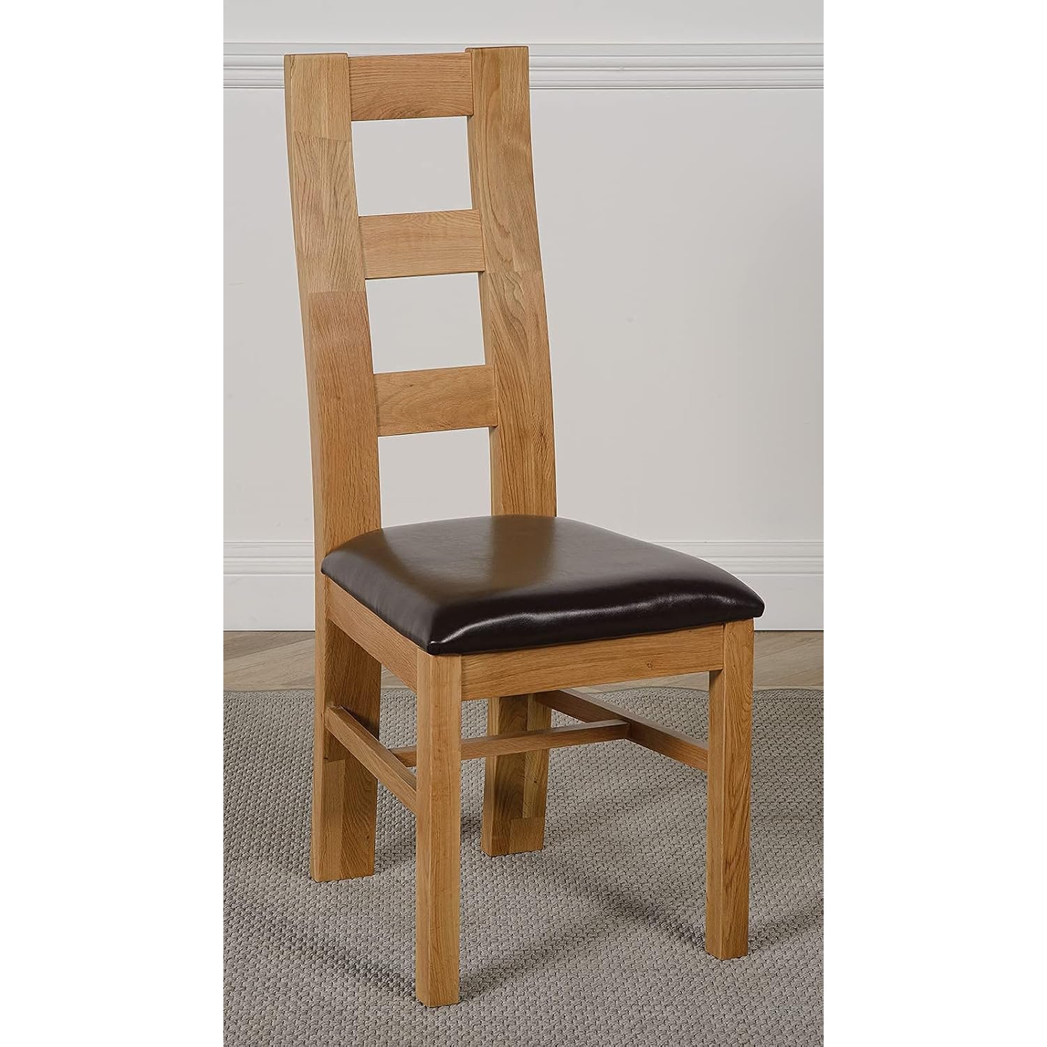 Oak Furniture King Yale Solid Oak Dining Chairs Set of 8 – Wooden Kitchen Chairs, Ladder Back Dining Room Chair with Upholstered Leather Seat, Fully Assembled, Natural Oak Finish, Brown