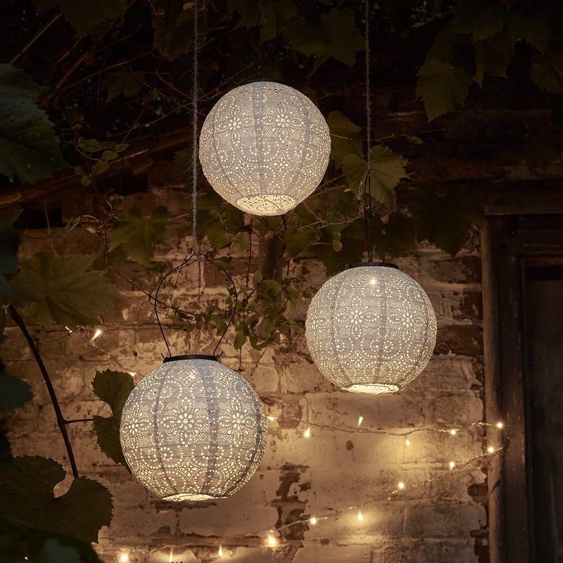 Lights4fun Set of 3 Outdoor Solar Powered Tyvek Moroccan White Decorative Garden & Patio Hanging Lantern Lights – Elegant IP44 Waterproof LED Lighting for Outdoor Ambiance and Style
