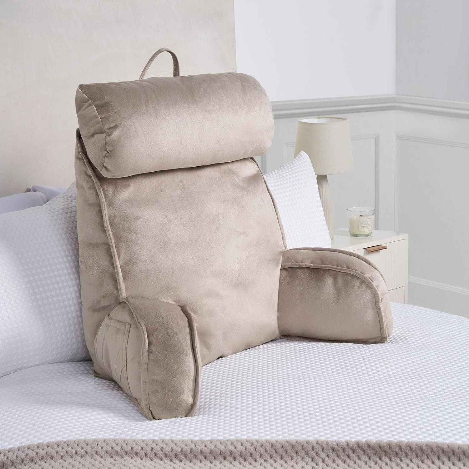OHS Cuddle Cushion with Head Rest, Detachable Neck Roll Reading Pillow for Bed Adult Kids Soft High Back Support Cushion with Arms & Pocket Gaming Cushions for Boys Girls Sit Up in Bed Pillow, Mink