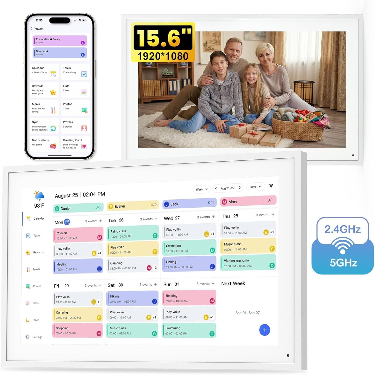 NEWYES 15.6" Smart Digital Calendar, Family Wall Planner with Chore Chart & Meal Planner, No Subscription Touchscreen Display for Busy Home, Wall Mountable Electronic Agenda Board,UK Adapter