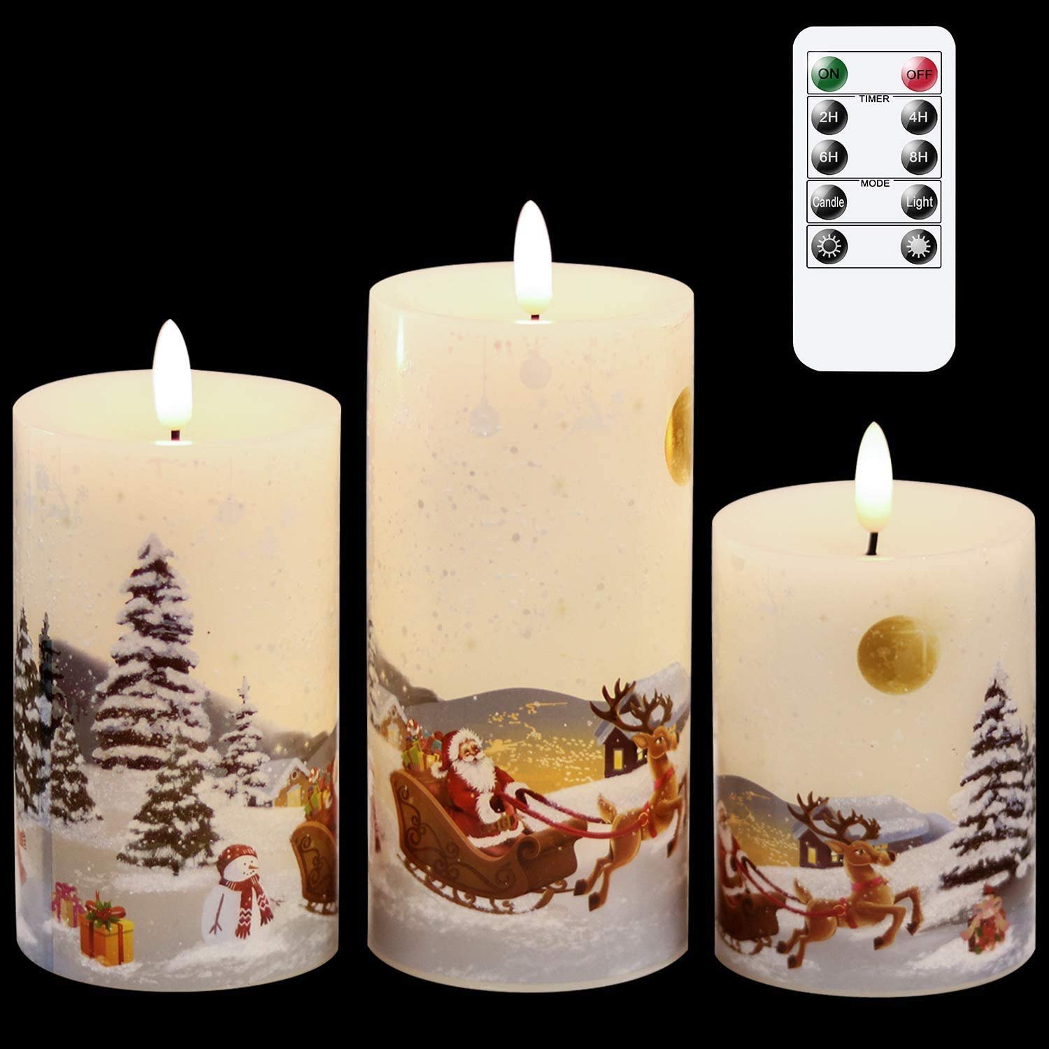 Eldnacele Christmas Flameless Candles Flickering with Remote Timer 3D Wick Snowman Stanta Scene Real Wax LED Candles for Christmas Home Decoration Powered by 2 AA Batteries, 3 Pack