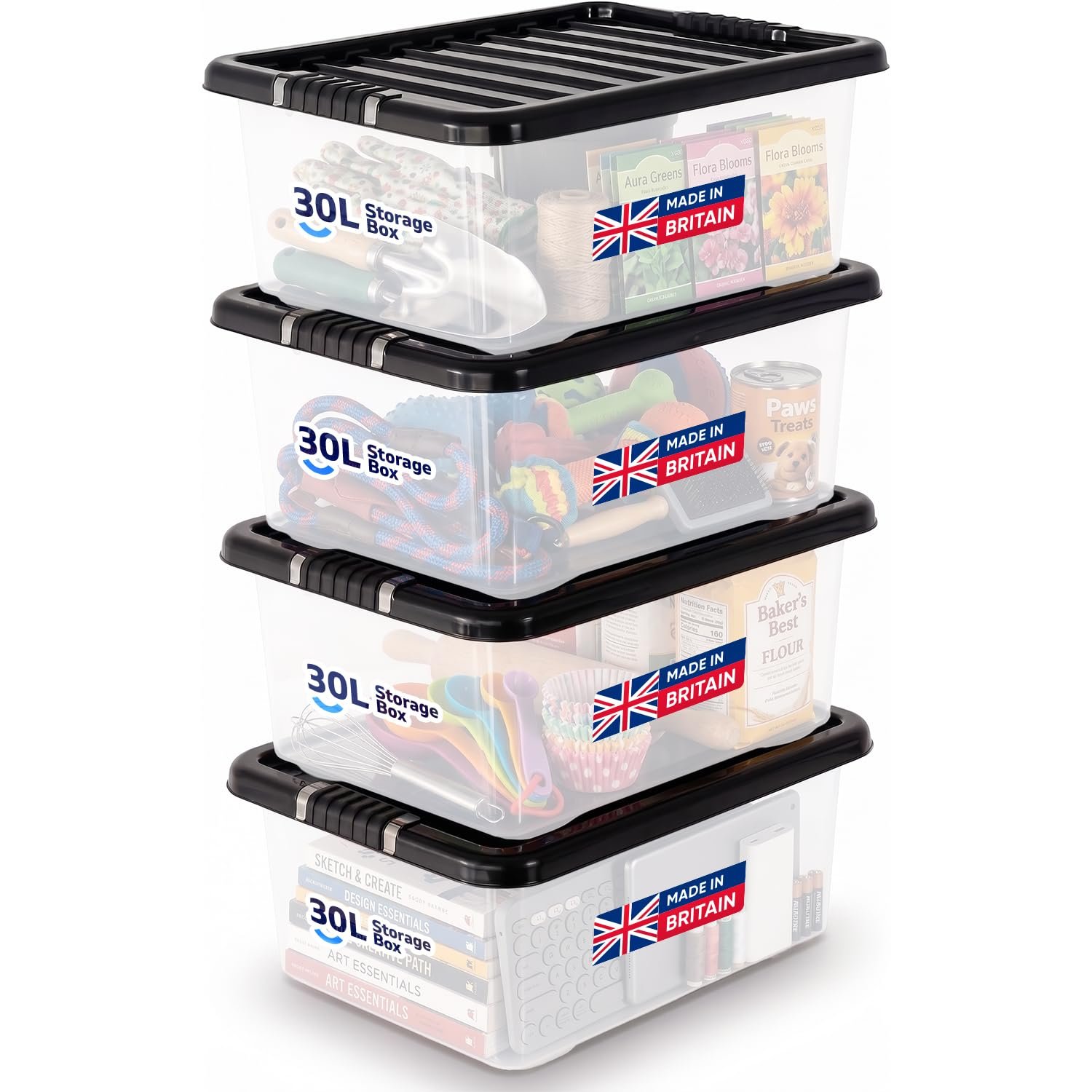 Besto 30 Litre Plastic Storage Boxes with Lid (Pack of 4) | Clear Stacking Storage Containers for Clothes, Blankets, Toys, Small Tools, Accessories & More | Multi-Purpose Storage Boxes (Made in UK)