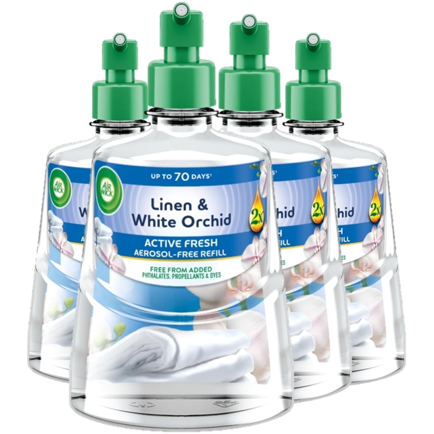 Air Wick Linen & White Orchid Aerosol-Free Automatic Spray Refill 228ml Pack of 4, Lasts up to 70 Days, Air Freshener