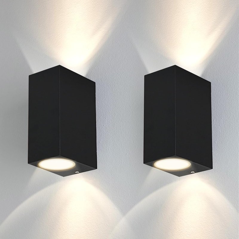 Kerry 2 Pack Outdoor Wall Lights, Black Modern Rectangle Mains Powered Up/Down External Lighting, IP44 Waterproof, Front Door Garden Lights (No Bulb)