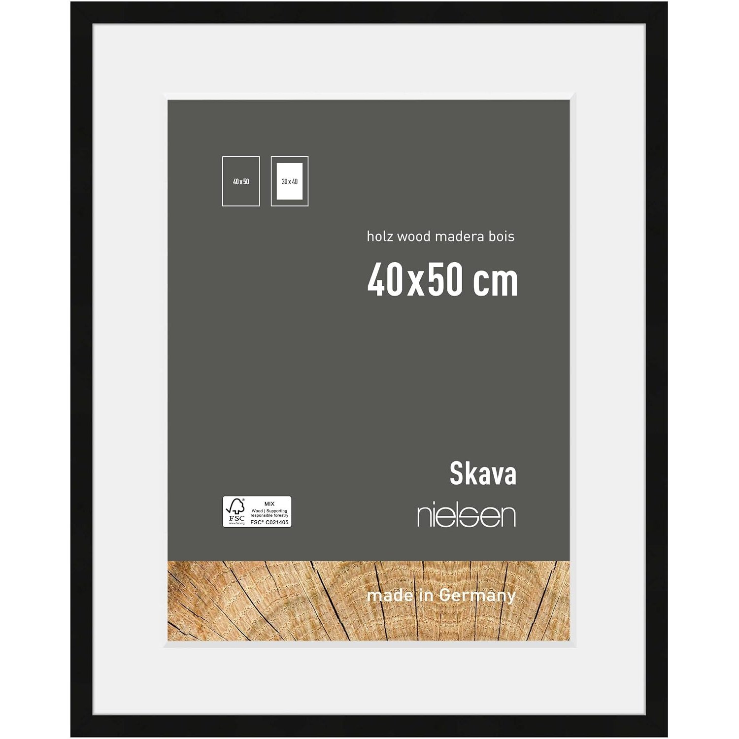 nielsen Skava Wooden Picture Frame - Black 40x50cm with White Mount to fit 30x40cm photo - Float Glass and Easy Push-Turn Clips
