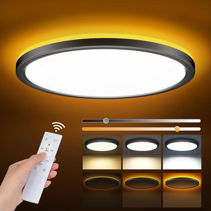ONEWAY LED Ceiling Lights for Bedroom,24W 2400lm Dimmable Bathroom Lights Ceiling Lights Living Room with 1800K Night Light & 3000-6500K,Smart Flush Ceiling Light for Kitchen Hallway OfficeØ29CM-Black