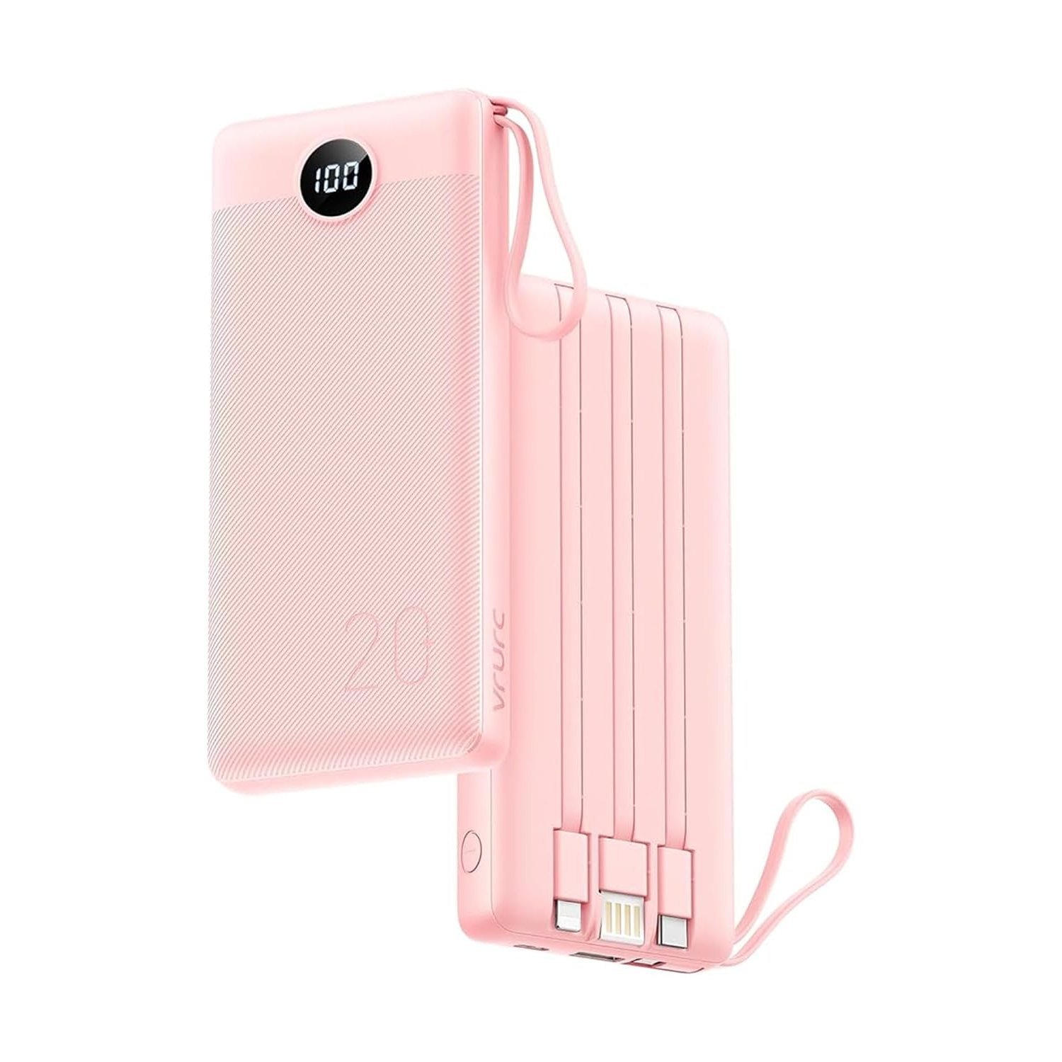 VRURC Portable Charger with Built in Fast Charging Cables,20000mAh Power Bank PD 18W QC 3.0 Quick Charge USB C Battery Pack with 5 Outputs & 2 Inputs Compatible with Smart phones