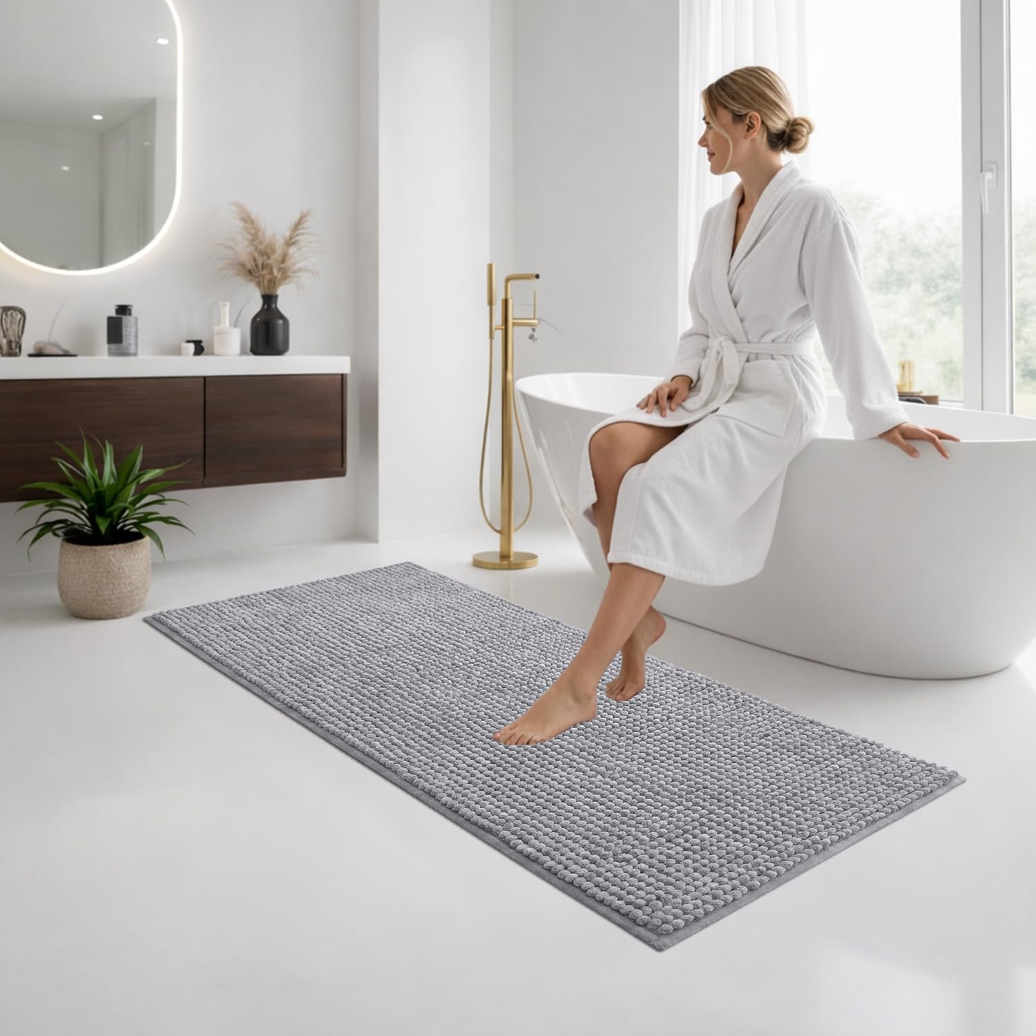 Moonlight Grey Bath Mat Non Slip Anti Mould - (6 pack) Bath Mats 60x90cm Machine Washable Chenille Bathroom Mat Super Absorbent Extra Soft Fluffy Shower Mat