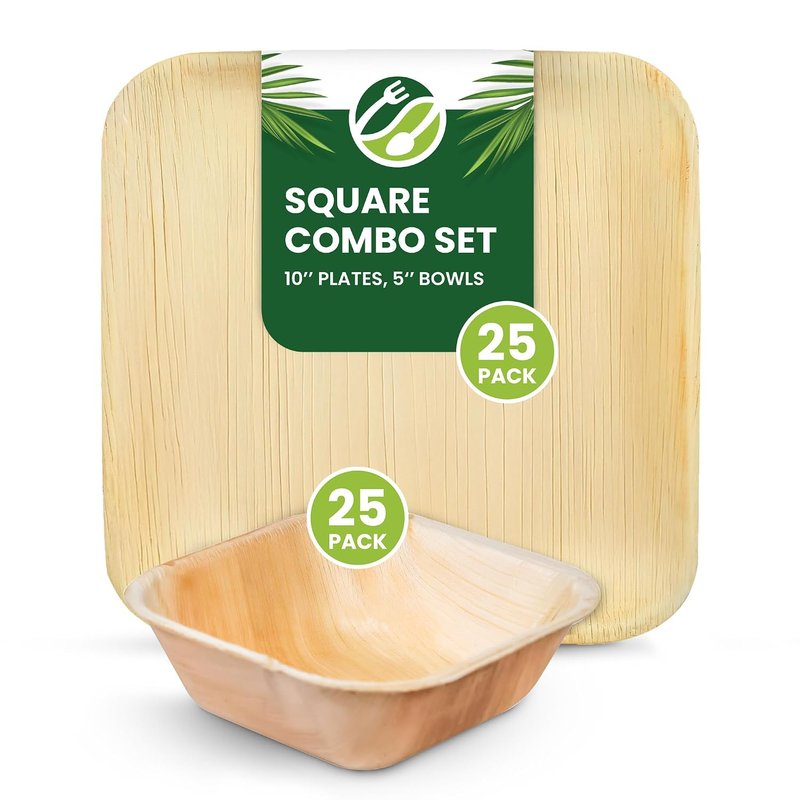 Eco Leaf 50pcs Disposable Palm Leaf Plates and Bowls Combo Set – 25x 10 Square Plates and 25x 5 Square Bowls – Eco-Friendly, Biodegradable, Oven Safe, Durable for Parties and Picnics