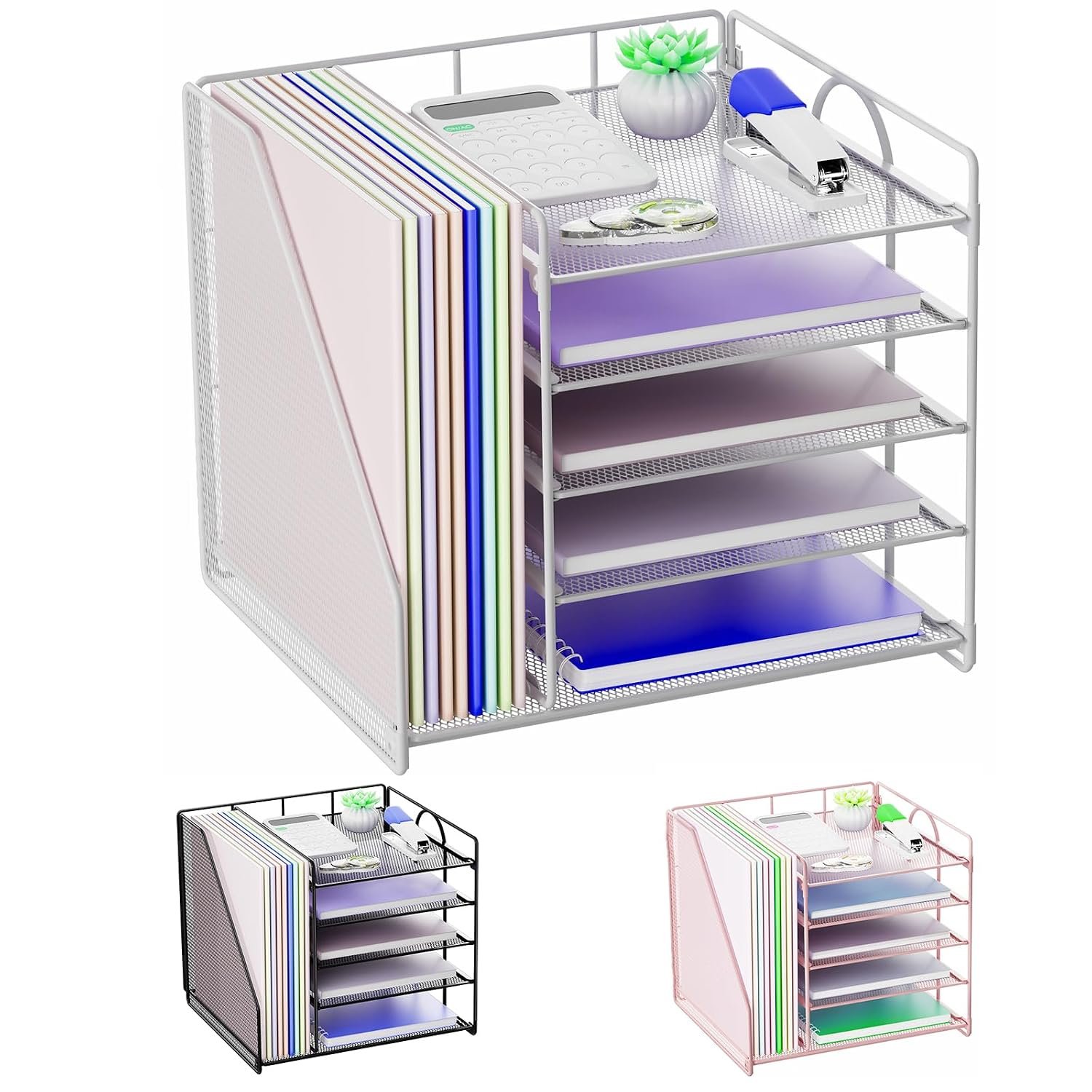Volmop Desk Organizers, 5-Tier Paper Letter Tray Organizer with File Holder, Mesh File Organizer, Desktop Organizers and Storage for Desk Accessories Office Supplies, White