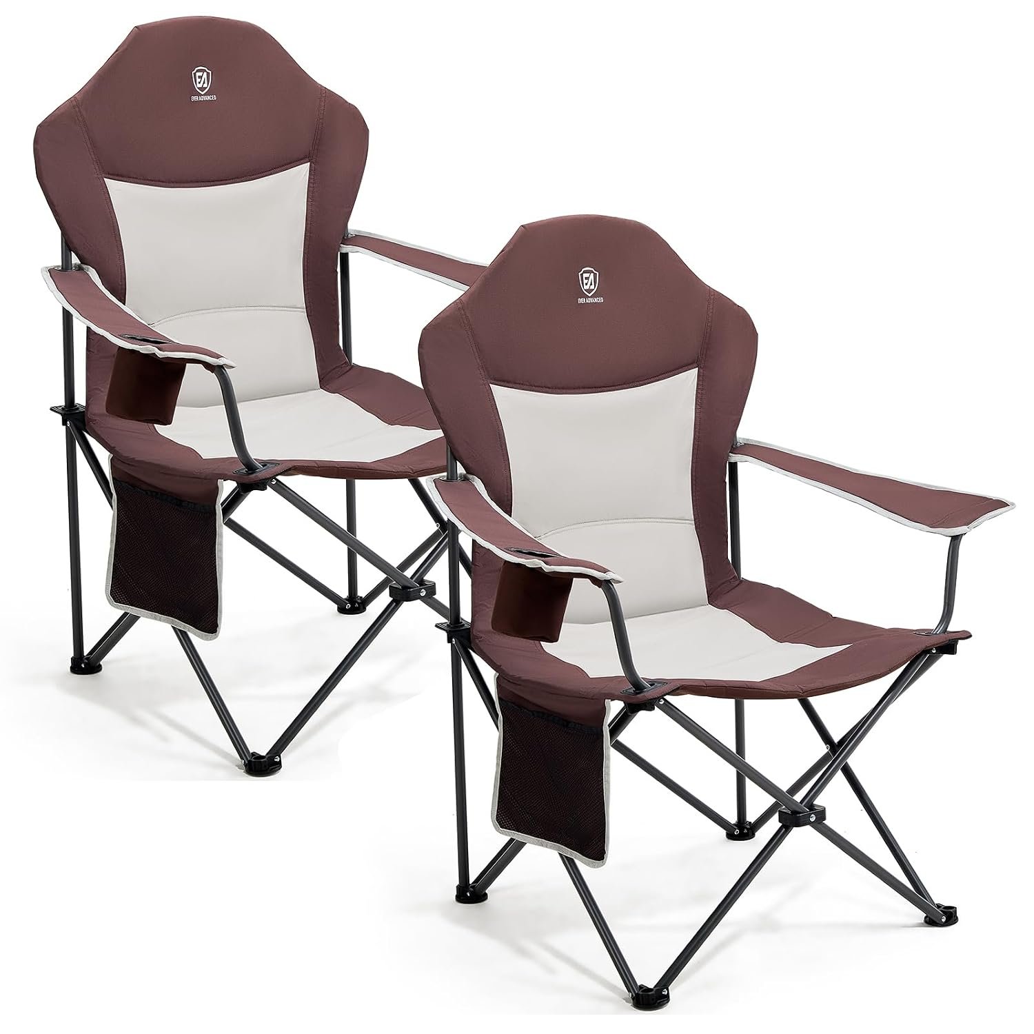 EVER ADVANCED Camping Chairs for Adults Set of 2 Supports 160kg Heavy People Folding Chair Luxury Outdoor with High Back & Cup Holder & Side Pockets Fold Up Chair Padded Red