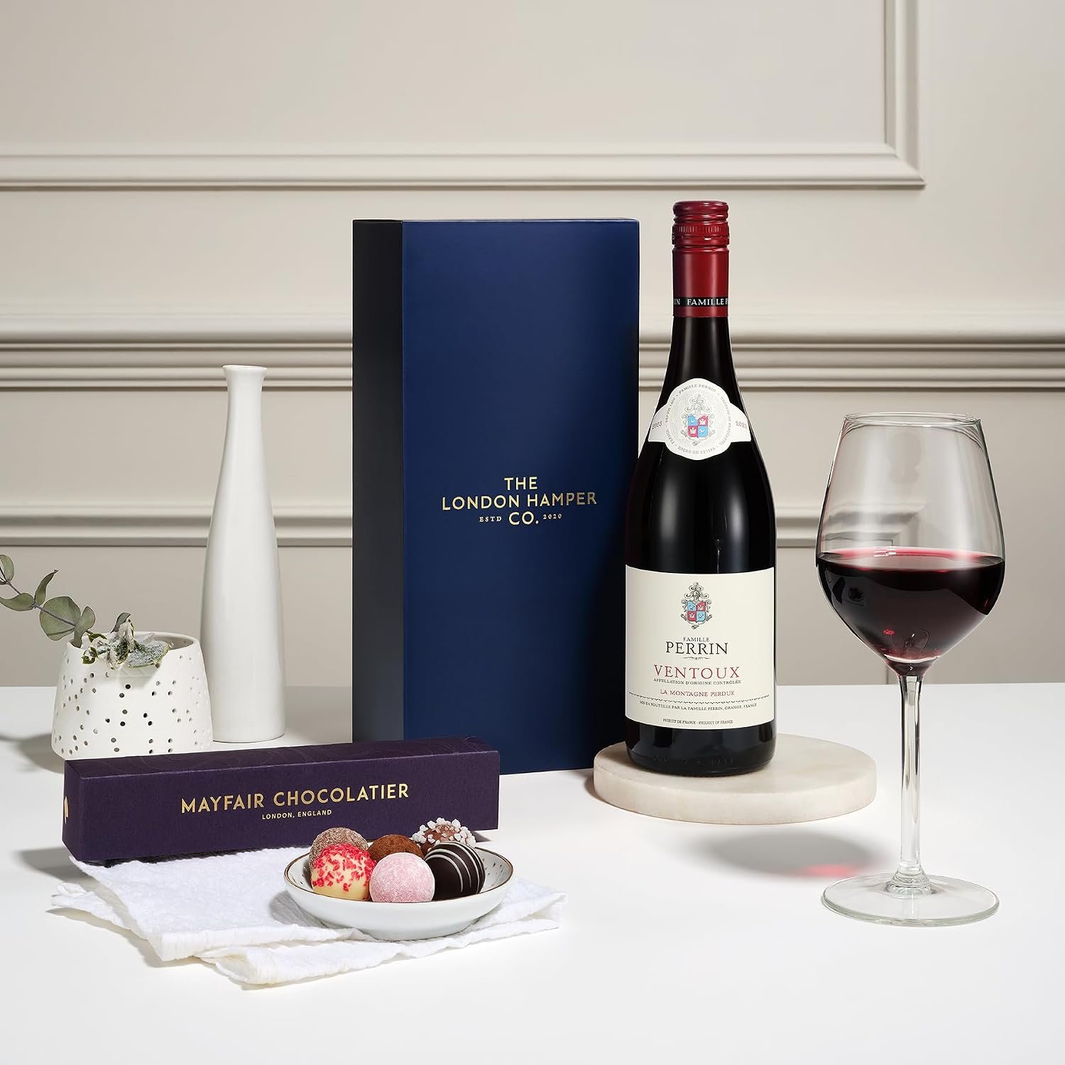 Red Wine & Luxury Chocolate Truffles Gift Set Hamper - Mayfair Chocolatier - Gift for Birthday, Christmas, Mother's Day, Valentines Day, Anniversary, Father's Day, Easter Gift - The London Hamper Co.
