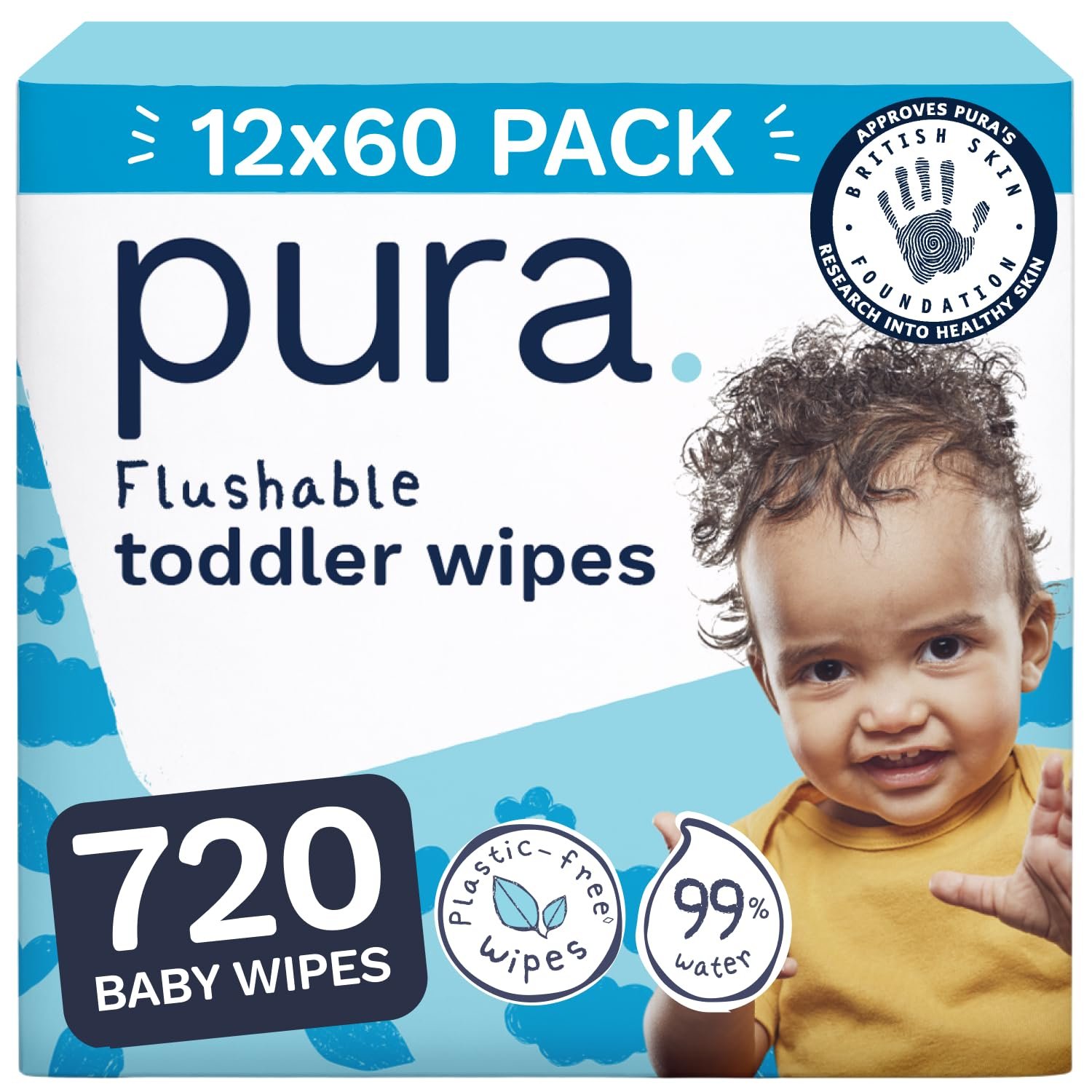 Pura Flushable Baby Wipes 12 x 60 per pack, (720 Water Based Wet Wipes) 100% Plastic Free, 99% Water, Suitable for Sensitive & Eczema Prone Skin, Monthly Pack Biodegradable, Compostable, Vegan