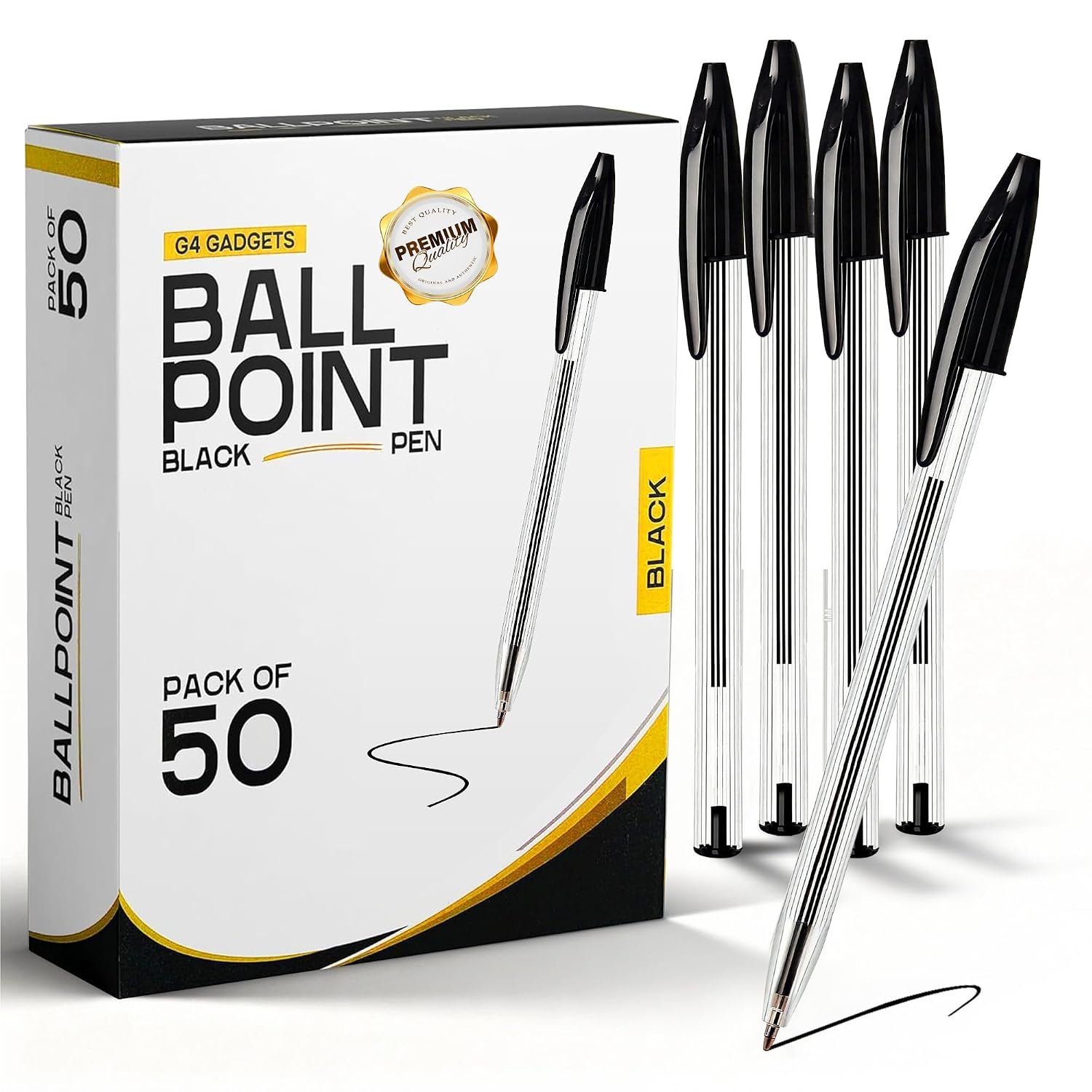 G4GADGET Pack of 50 Black Pens - Medium Tip Fluent Smooth Writing Black Biro Ballpoint Pens