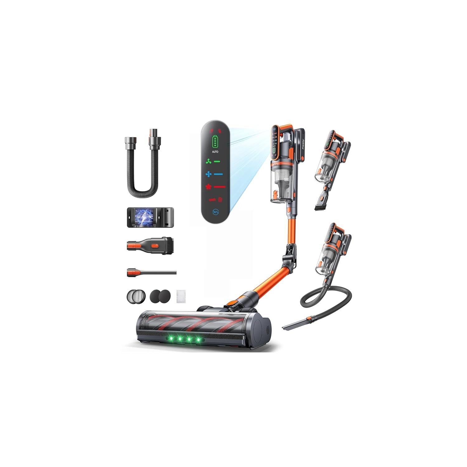 Fieety Cordless Vacuum Cleaner, 600W 50KPA Stick Vacuum with Touch Screen Auto-mode, 65 Mins Lightweight Home Vacuum with 180° Foldable Wand &1M Hose, Wall-Charging, Aroma, for Hard Floor Carpet Hair