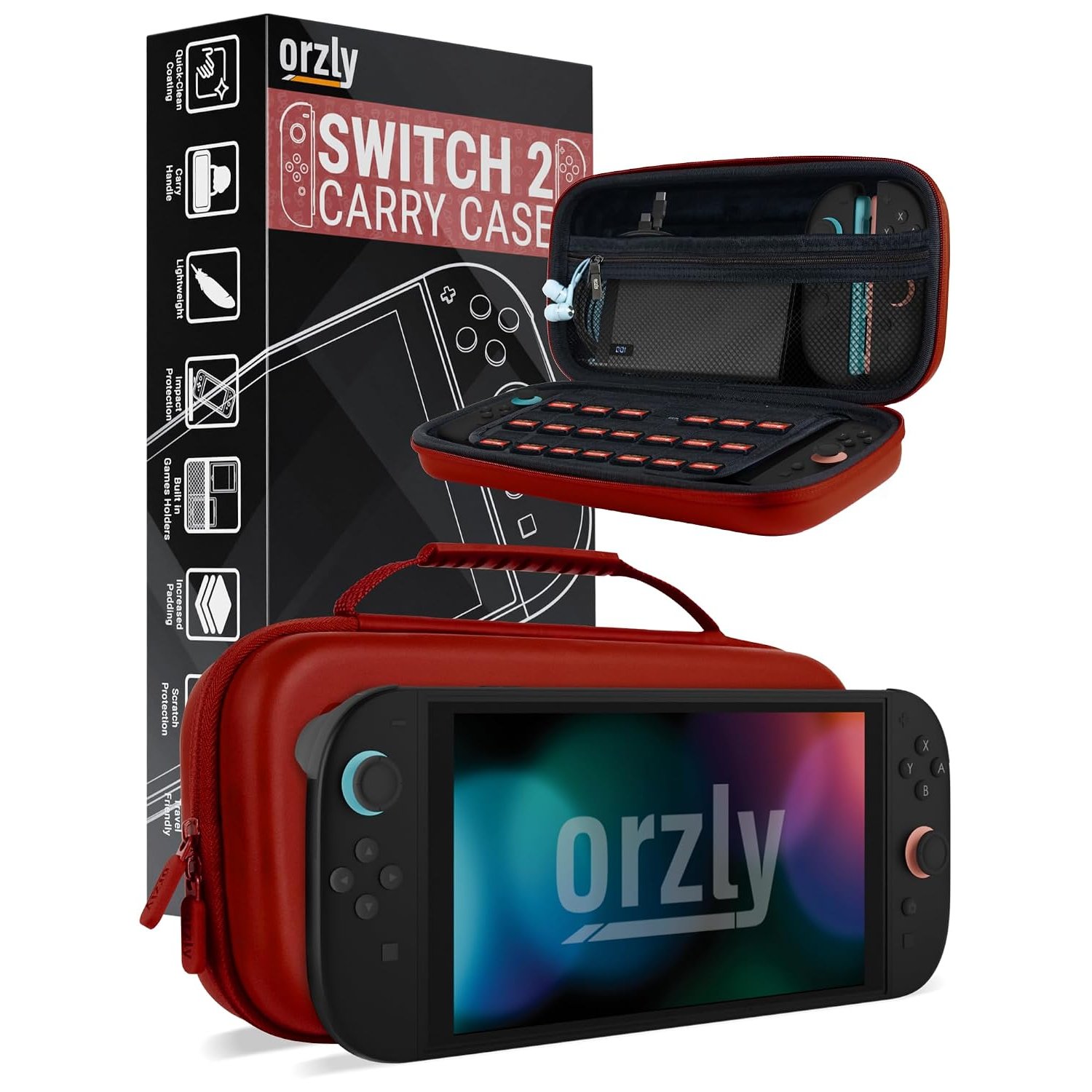 Orzly Carry Case for Nintendo Switch 2 2025 Console 7.9 inch Screen Protection Hard Case with Smart Storage for Accessories and Games Pockets Gift Box Edition (Crimson Switch 2)