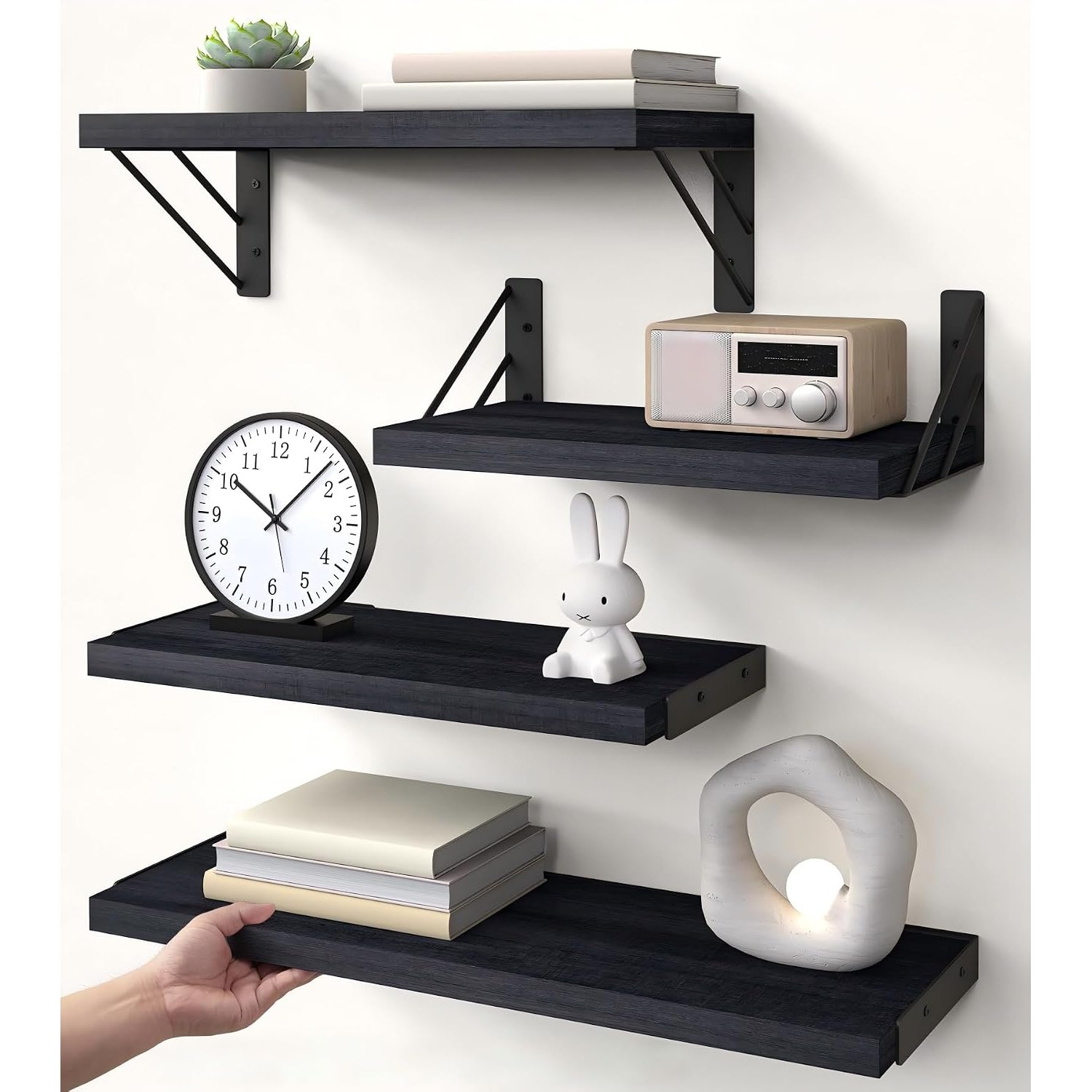 Houbobo Floating Shelves for Wall, Black Shelves Set of 4, Wooden Floating Wall Shelf for Books & Decor Storage, Small Space-Saving Display & Organiser