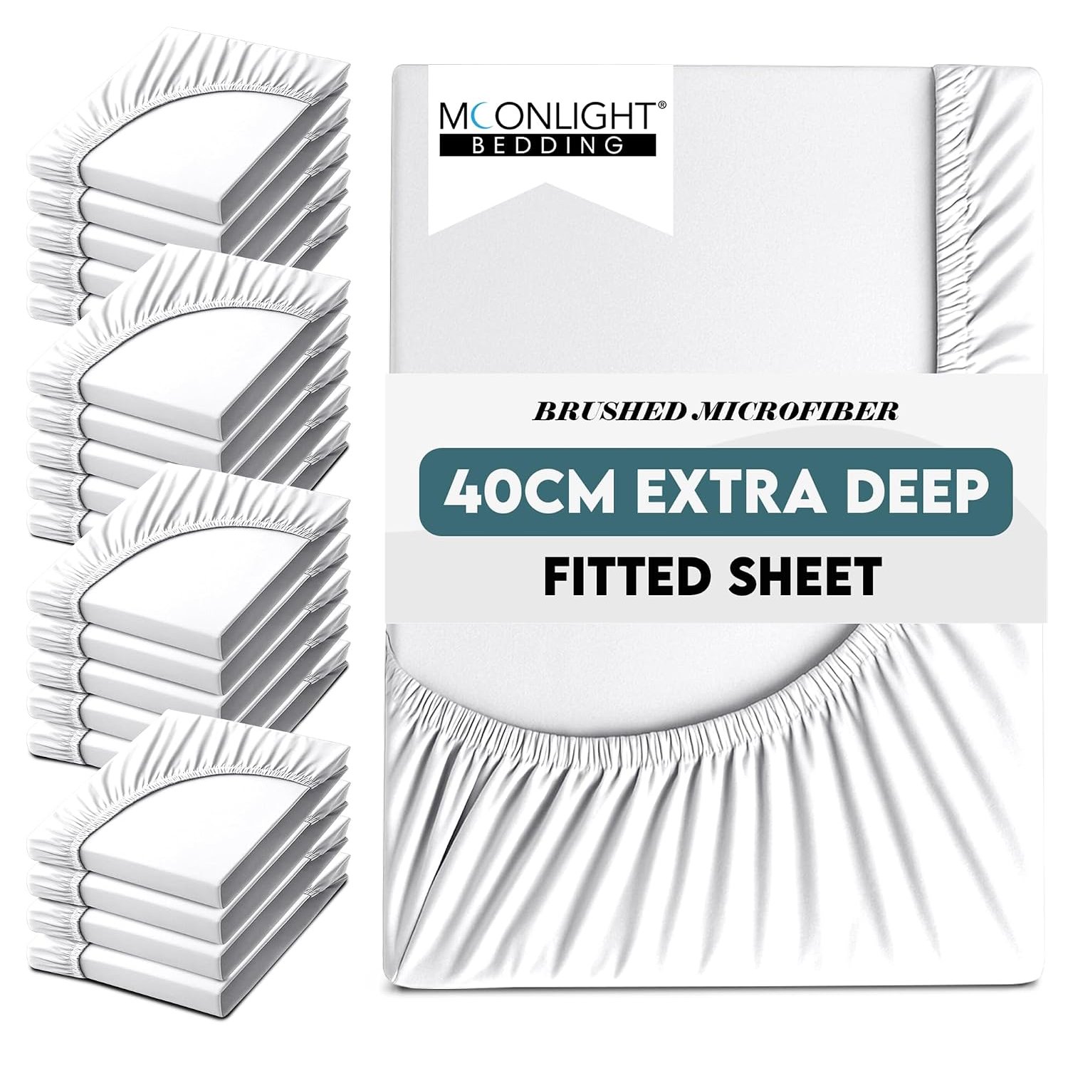 Moonlight Bedding Single Fitted Sheets 20 Pack 40CM White Bed Sheet with Elastic Corners 16 Inch Extra Deep Pocket Brushed Microfiber Easy Care Breathable Shrinkage Fade-Resistant Bedsheets