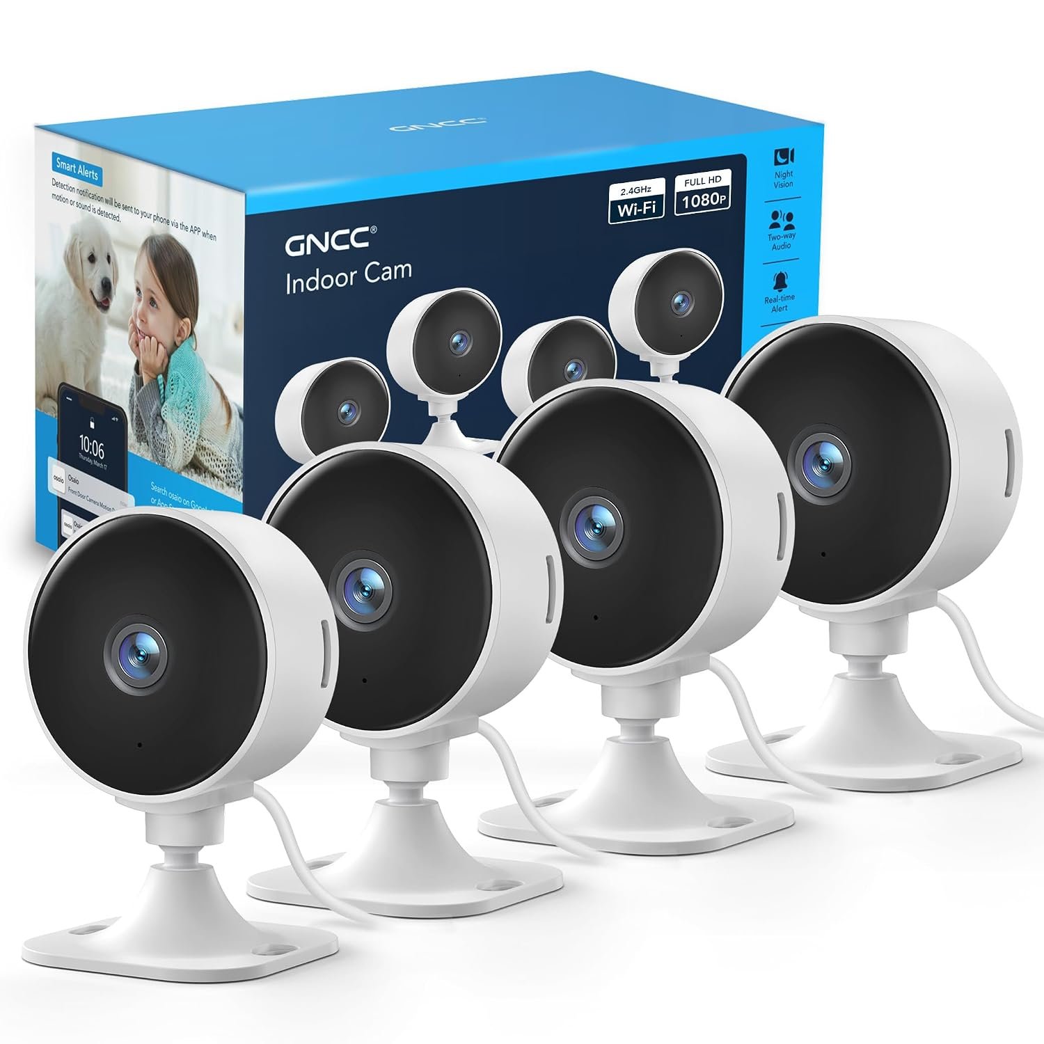 GNCC GC3 4-Pack CCTV Cameras for House Security, 1080P Indoor Camera with Pet/Baby Monitoring, Fixed Lens, 2 Way Audio, Cloud Subscription Required, SD Storage, 2.4GHz WiFi Only, APP Alert, Plug-in