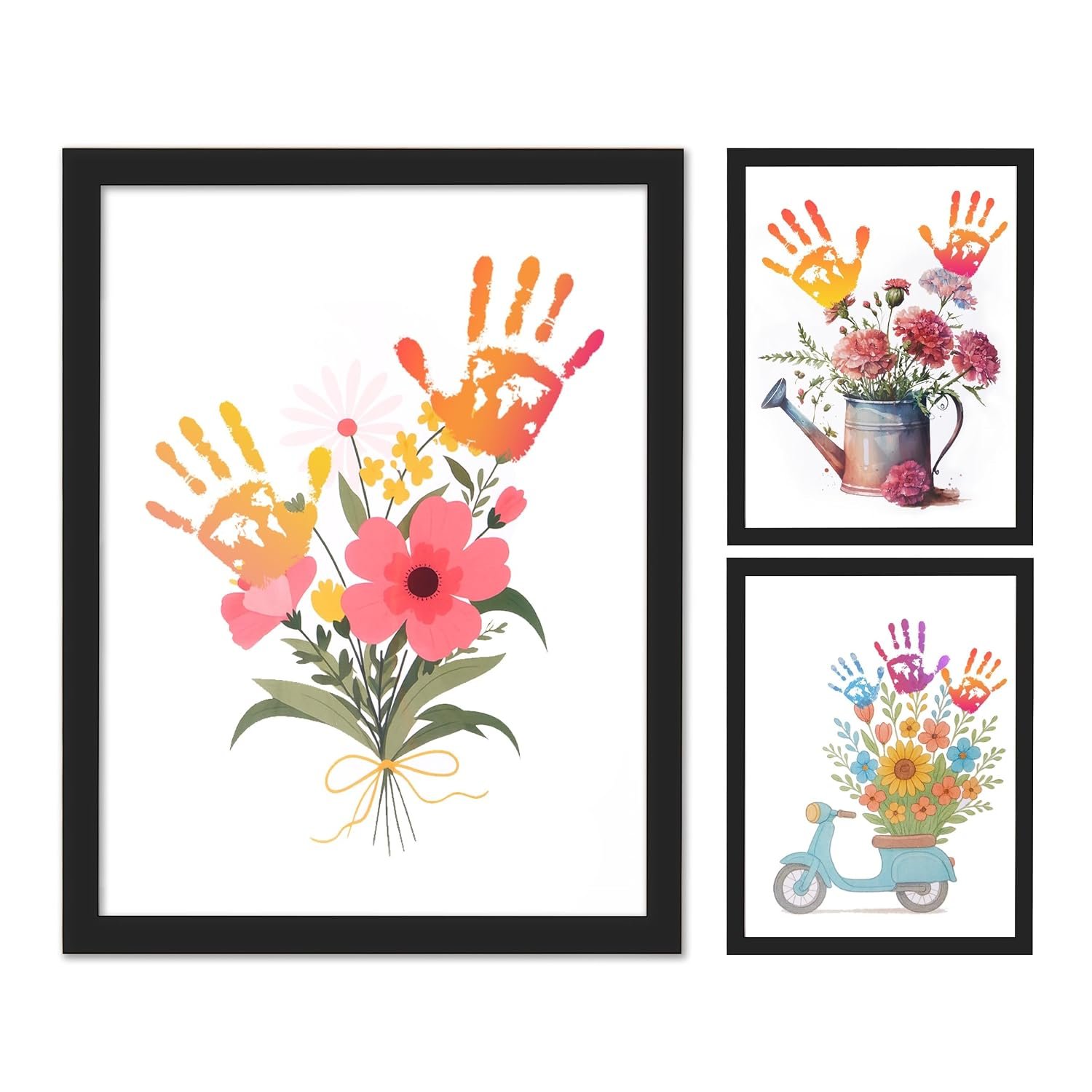 Flower Bouquet Handprint Art Kit, 3 Special Unique Sheets with Floral Design, DIY Keepsake Craft Gift, Meaningful Christmas or Thanksgiving Gift, 6 Colors Non-Toxic Inkpads (Black)