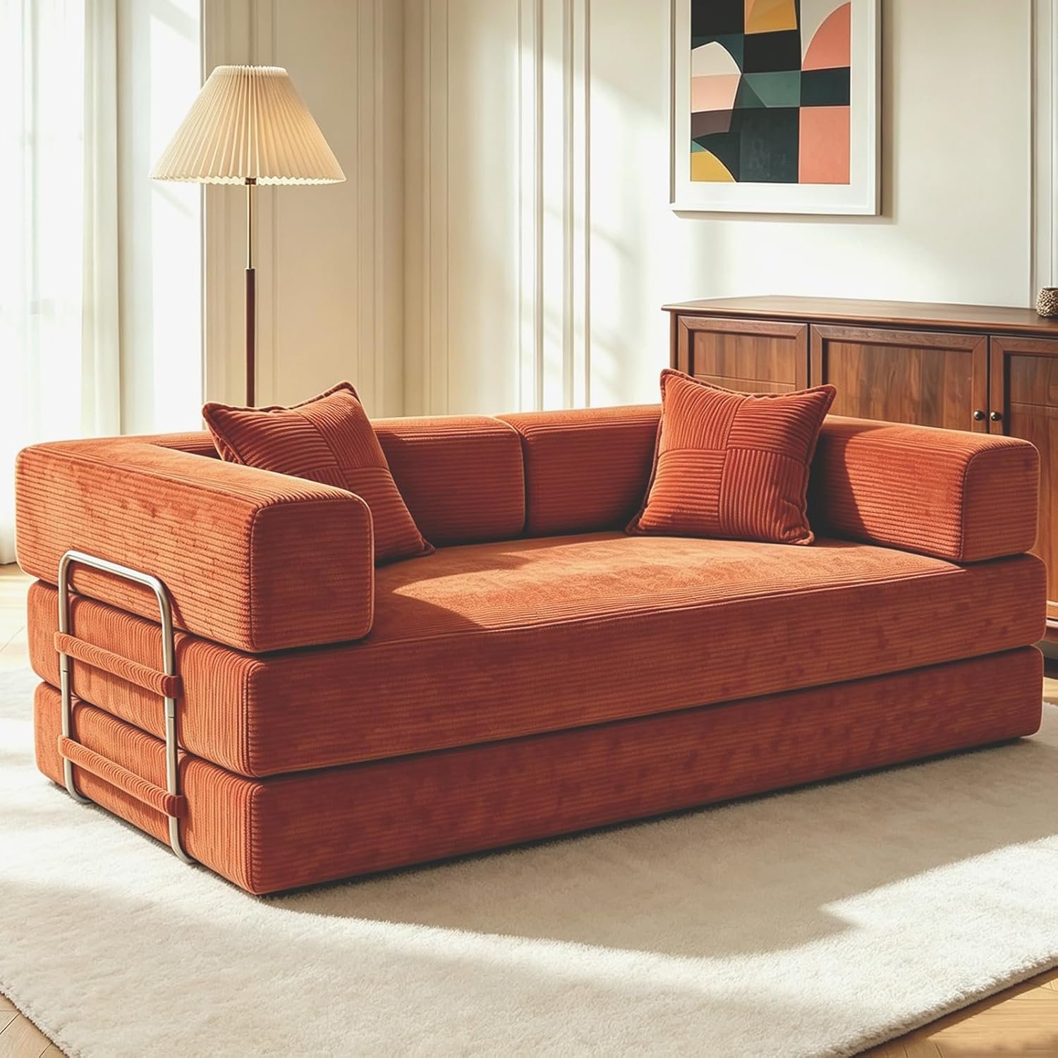 Vipbear 5-in-1 Folding Boneless Couch, 200cm Premium Corduroy Modular Sectional 3 Seater Sofa Bed for Small Space, Orange