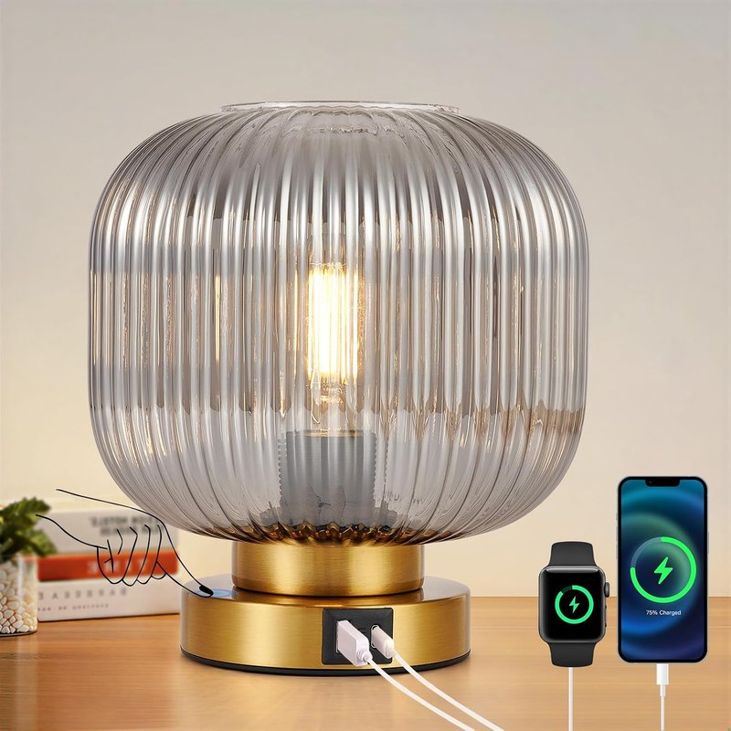 HARPER LIVING Table Lamp with USB-C & USB-A Charging Ports, Touch Control Dimmable Desk Lamp, Smoked Glass Shade & Brass Base Bedside Light for Bedroom Office Study, E27 Socket No Bulb