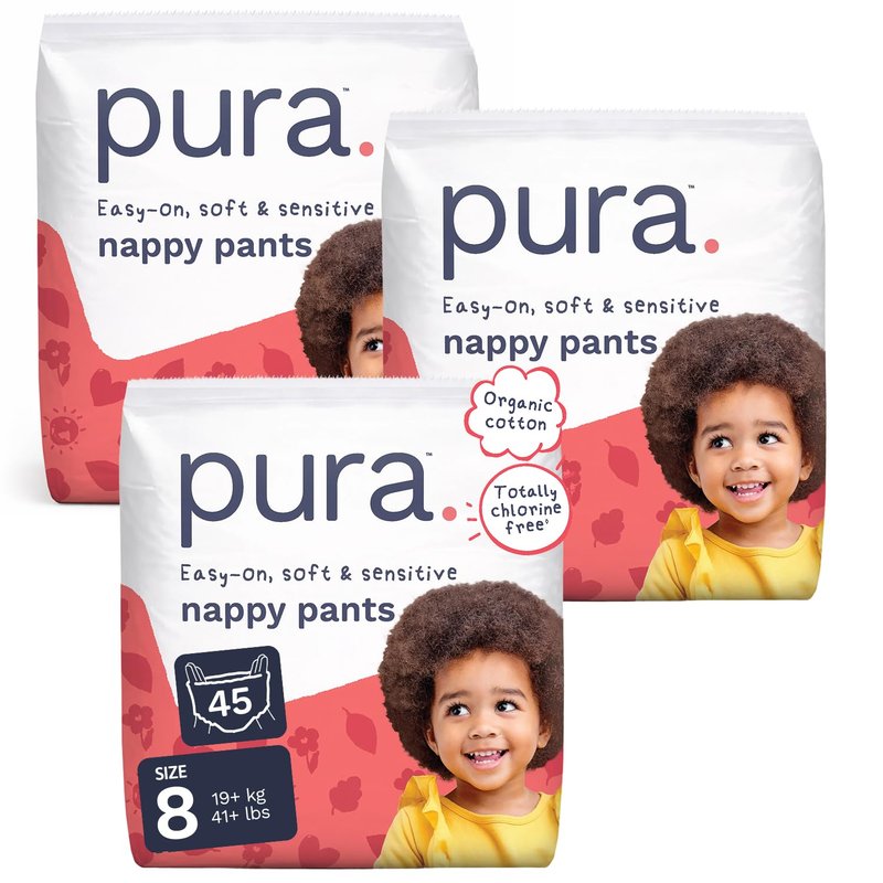 Pura Nappy Pants Size 8, 45 Count, 19kg+, 360° Stretch Fit, Potty Training Pants for Hypoallergenic & Sensitive Skin, Up to 12 Hours Overnight Leak Protection, Totally Chlorine Free