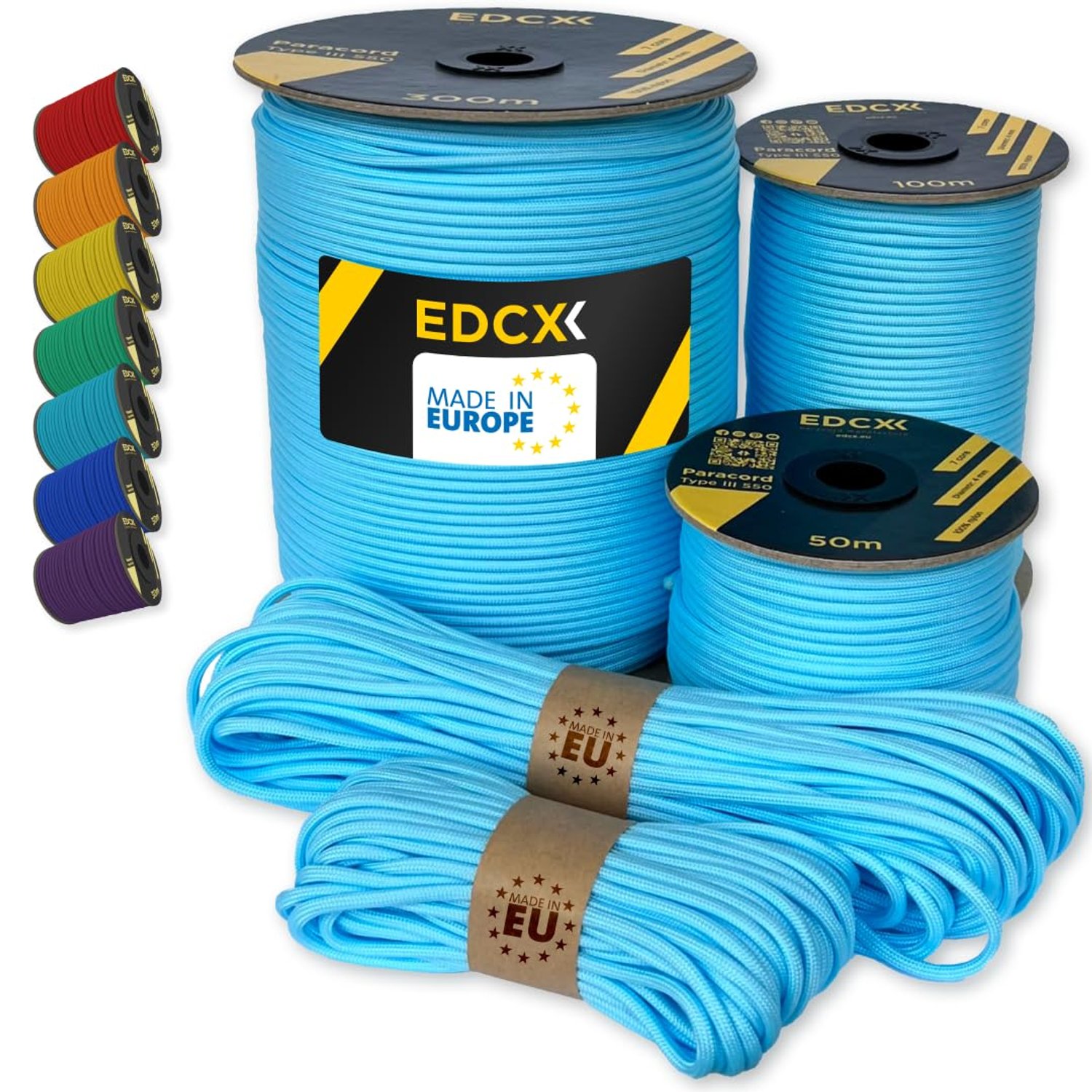 EdcX Paracord 4mm, 35+ Solid Colors (10m, 15m, 30m, 50m, 100m, 300m) | Ideal for Crafting, DIY, Camping, Survival, Outdoor | 100% Nylon Rope 4mm | Tactical Cord 550 Type III (Skylight, 300 m)