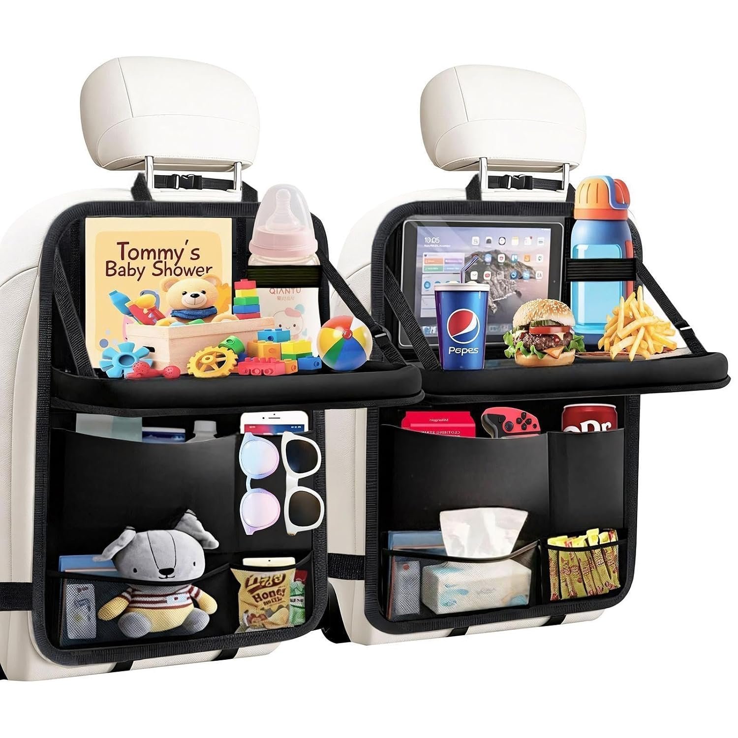 TCJJ Car Seat Organiser, Car Organiser Back Seat for kids, Car Backseat Seat Kick Protector with Tray and Touch Screen Tablet Storage Pockets,Black/2Pack