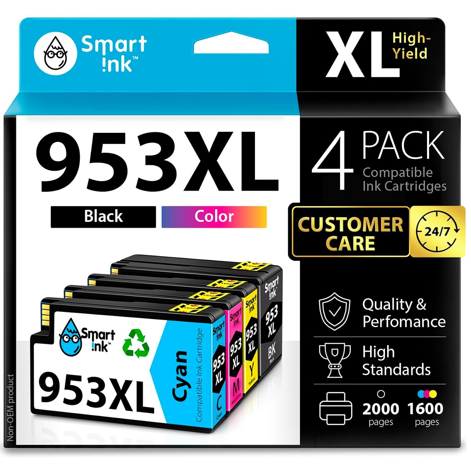 Smart Ink Compatible Ink Cartridge Replacement for HP 953XL 953 XL 4 Multipack (Black XL & C/M/Y) with Advanced Chip Technology to use with HP Officejet pro 7720 7730 7740 8710 8715 8720 8725 Printer