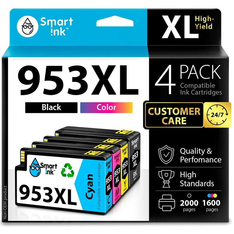 Smart Ink Compatible Ink Cartridge Replacement for HP 953XL 953 XL 4 Multipack (Black XL & C/M/Y) with Advanced Chip Technology to use with HP Officejet pro 7720 7730 7740 8710 8715 8720 8725 Printer