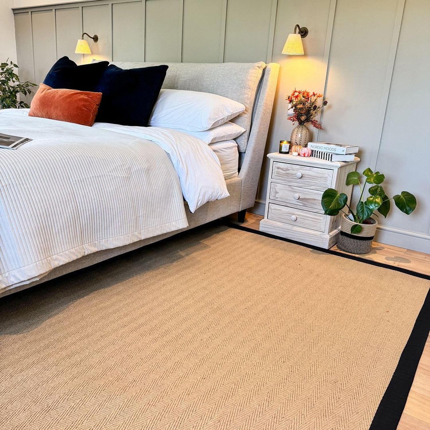 Jute Black Cotton Bordered Rugs Brown Beige Herringbone Chevron Rubber Backed Bedroom Livingroom Living Home Area Rug 160cm x 230cm (5ft 3" x 7ft 7")