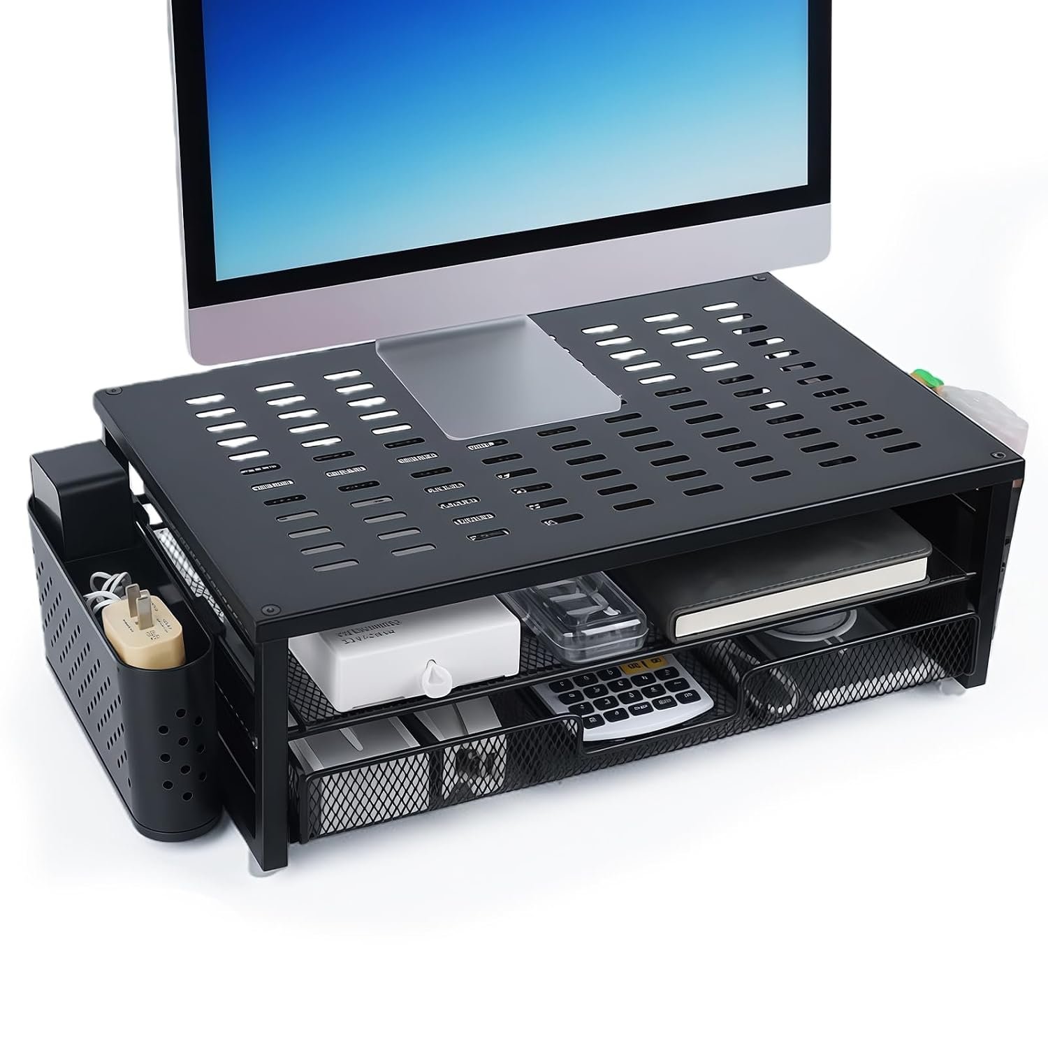CHUNGG Monitor Stand Riser with Storage, Desk Monitor Stand with Drawer and 2 Pen Holder Office Accessories, Computer Desk Organizers Riser, for Laptop, Printer, Computer ( Black )