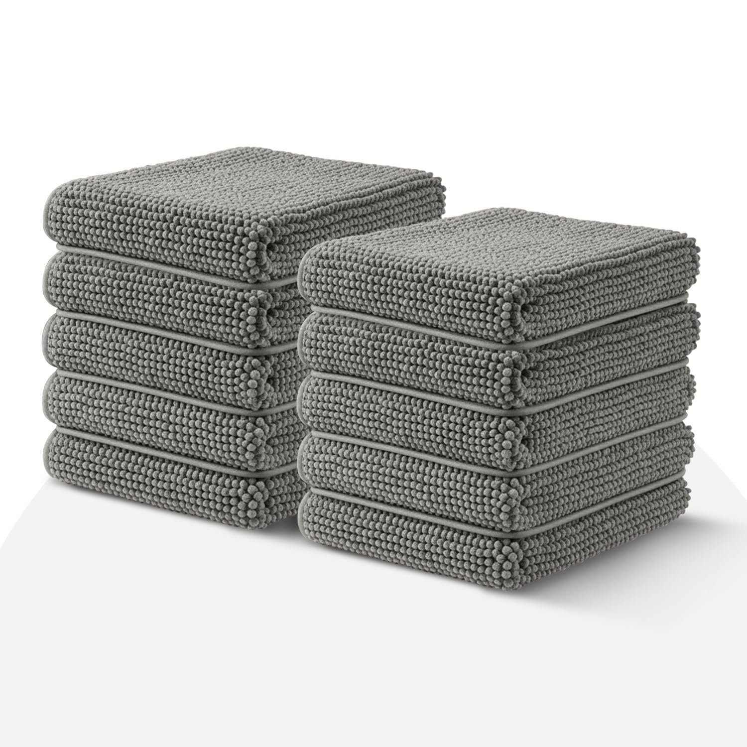 Moonlight Dark Grey Bath Mat Non Slip Anti Mould - (10 pack) Bath Mats 40x60cm Machine Washable Chenille Bathroom Mat Super Absorbent Extra Soft Fluffy Shower Mat