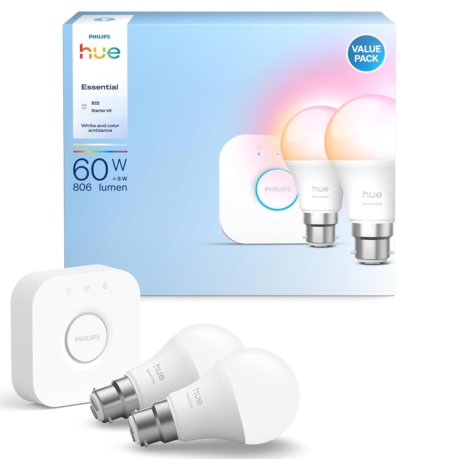 Philips Hue Bridge + 2 Essential B22 Smart Bulbs Starter Kit, White and Colour Ambience, 2200K-6500K, Dimmable LED Bulbs, Works with Alexa, Google Assistant, Samsung SmartThings, Apple Home