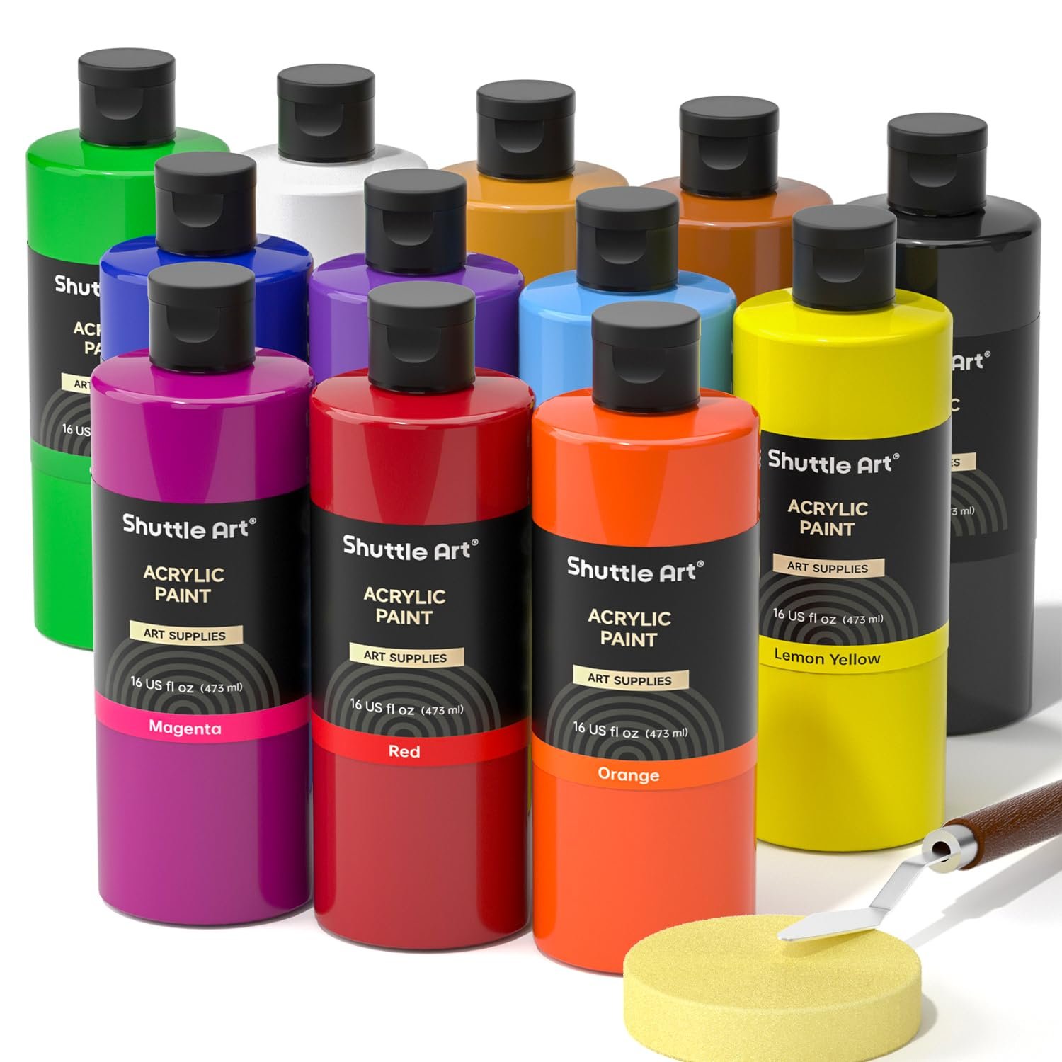 Shuttle Art Acrylic Paint Set, 12 Colours Acrylic Paint Bottle Set (473ml/16oz), Rich Pigmented Paints, Bulk Painting Supplies for Artists, Beginners Kids on Rocks Crafts Canvas Wood Ceramic